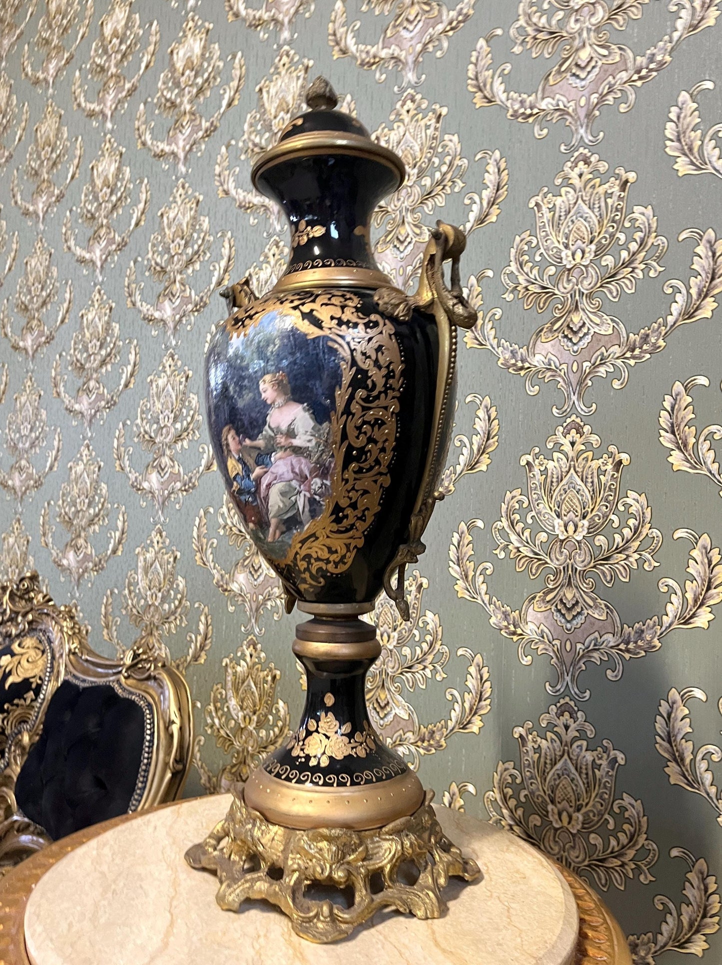 Luxury Porcelain Vase, Oil Painting on Porcelain Vase, Antique Style Vase in Blue with Gold Accents, New Home Gift, Anniversary Gift for Her