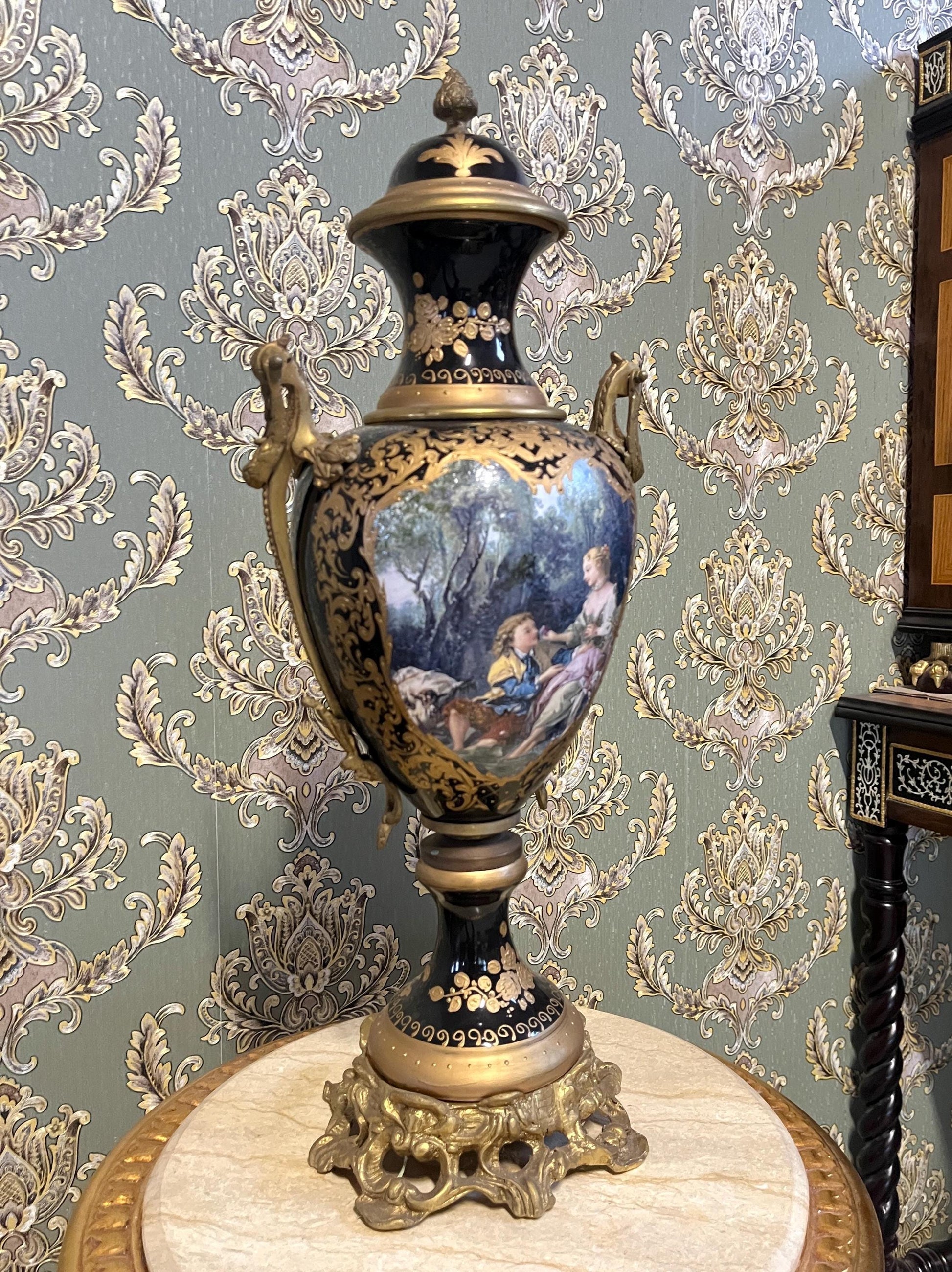 Luxury Porcelain Vase, Oil Painting on Porcelain Vase, Antique Style Vase in Blue with Gold Accents, New Home Gift, Anniversary Gift for Her