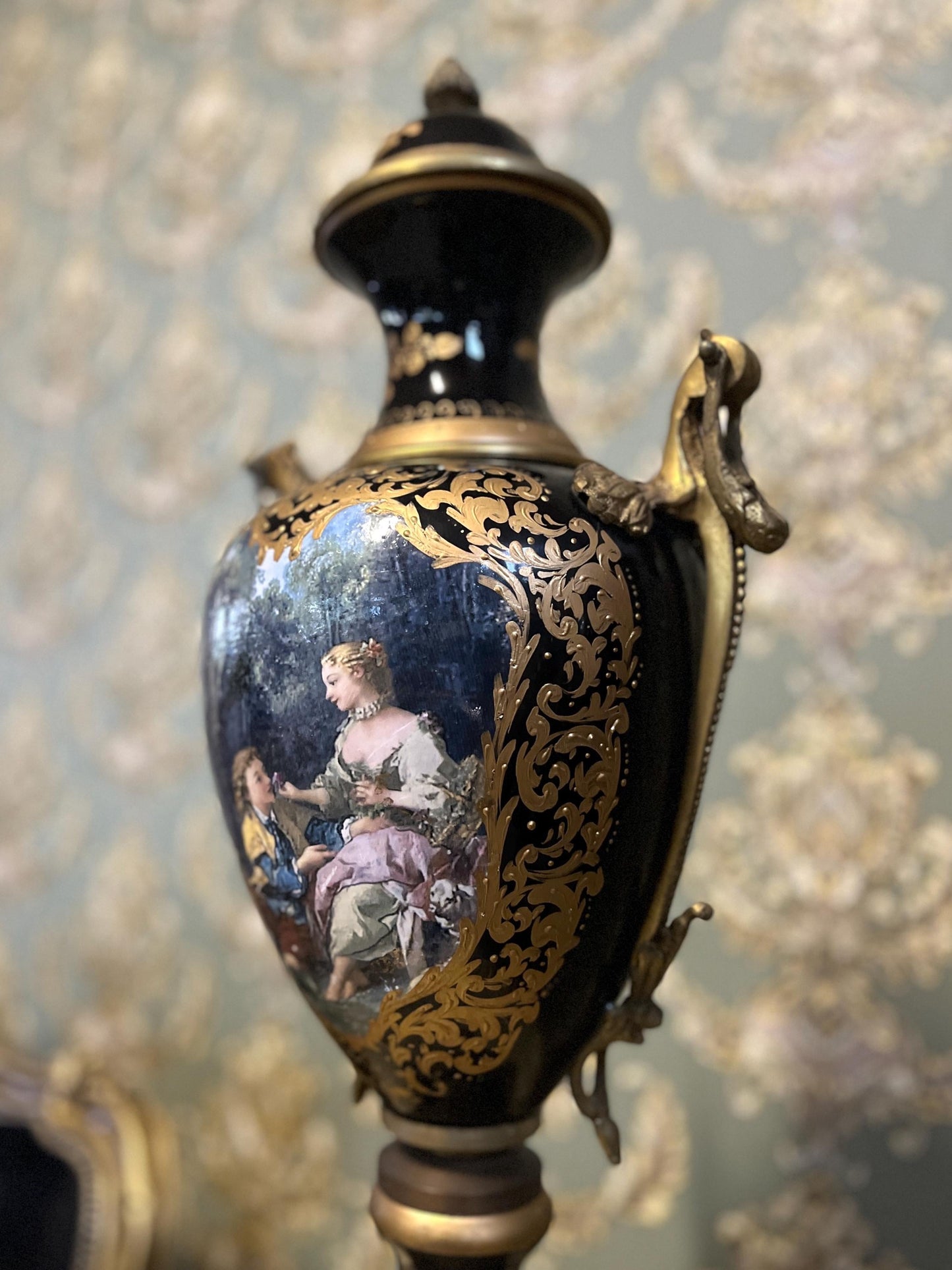 Luxury Porcelain Vase, Oil Painting on Porcelain Vase, Antique Style Vase in Blue with Gold Accents, New Home Gift, Anniversary Gift for Her