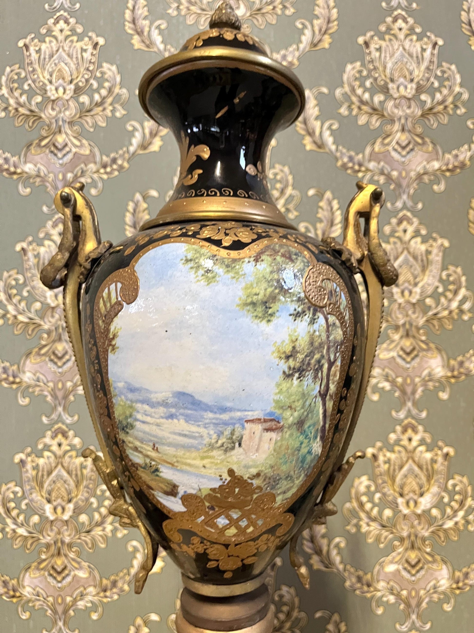 Luxury Porcelain Vase, Oil Painting on Porcelain Vase, Antique Style Vase in Blue with Gold Accents, New Home Gift, Anniversary Gift for Her