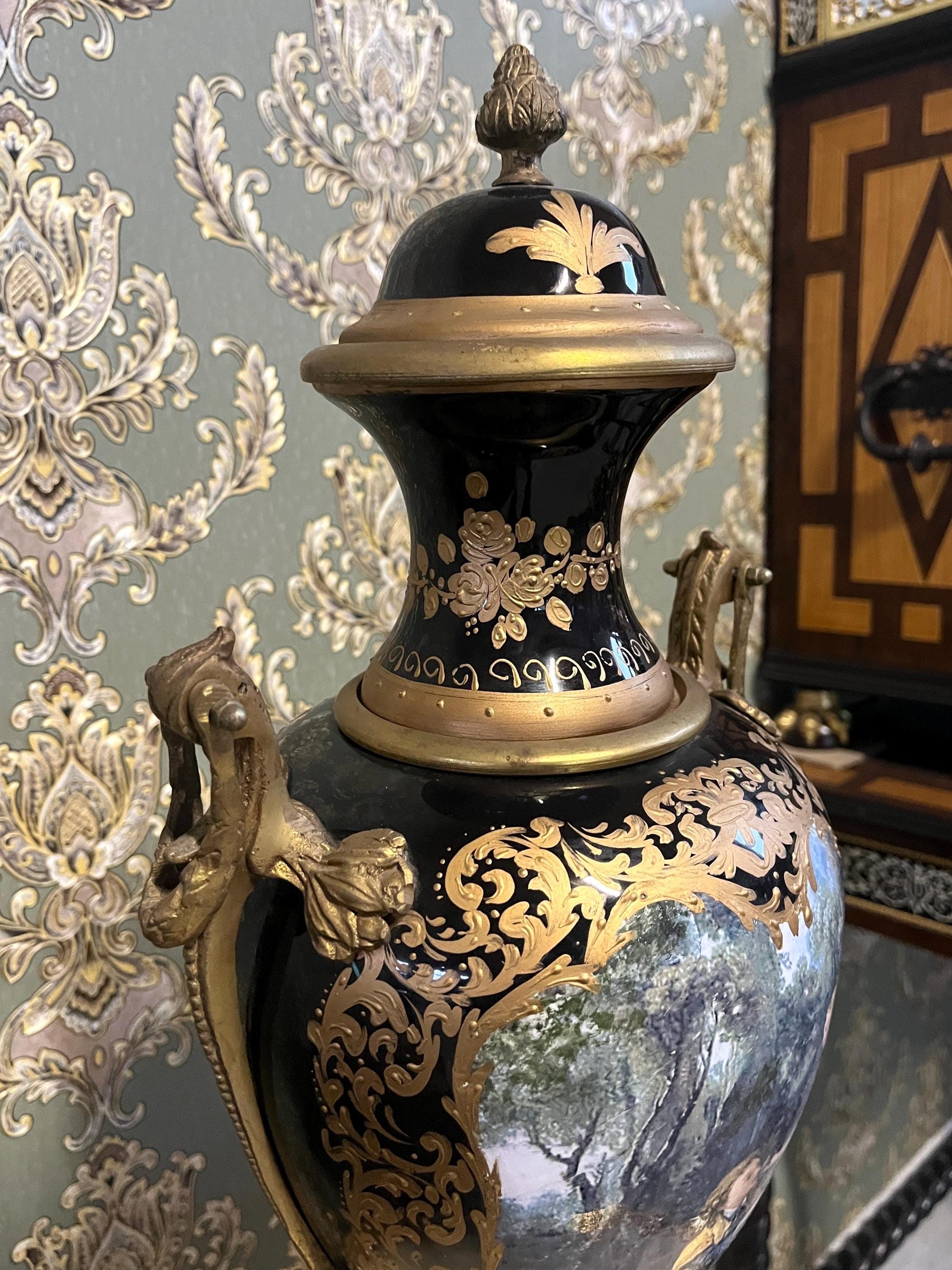 Luxury Porcelain Vase, Oil Painting on Porcelain Vase, Antique Style Vase in Blue with Gold Accents, New Home Gift, Anniversary Gift for Her