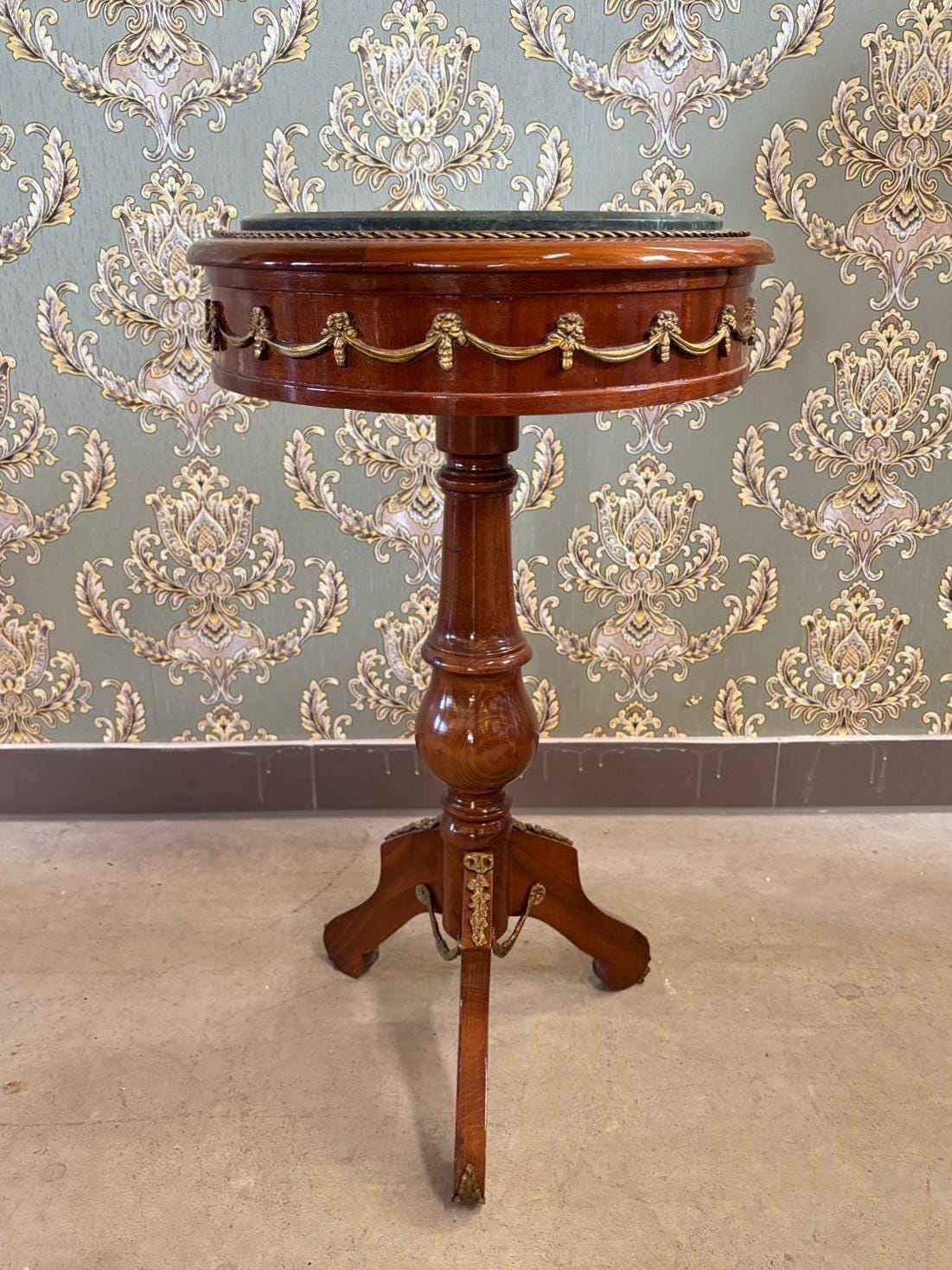Small Wooden Side Table Baroque Antique Style Coffee Table Handcrafted Brown Round Table w/ Beige Marble Green Marble or Brown Marble Top