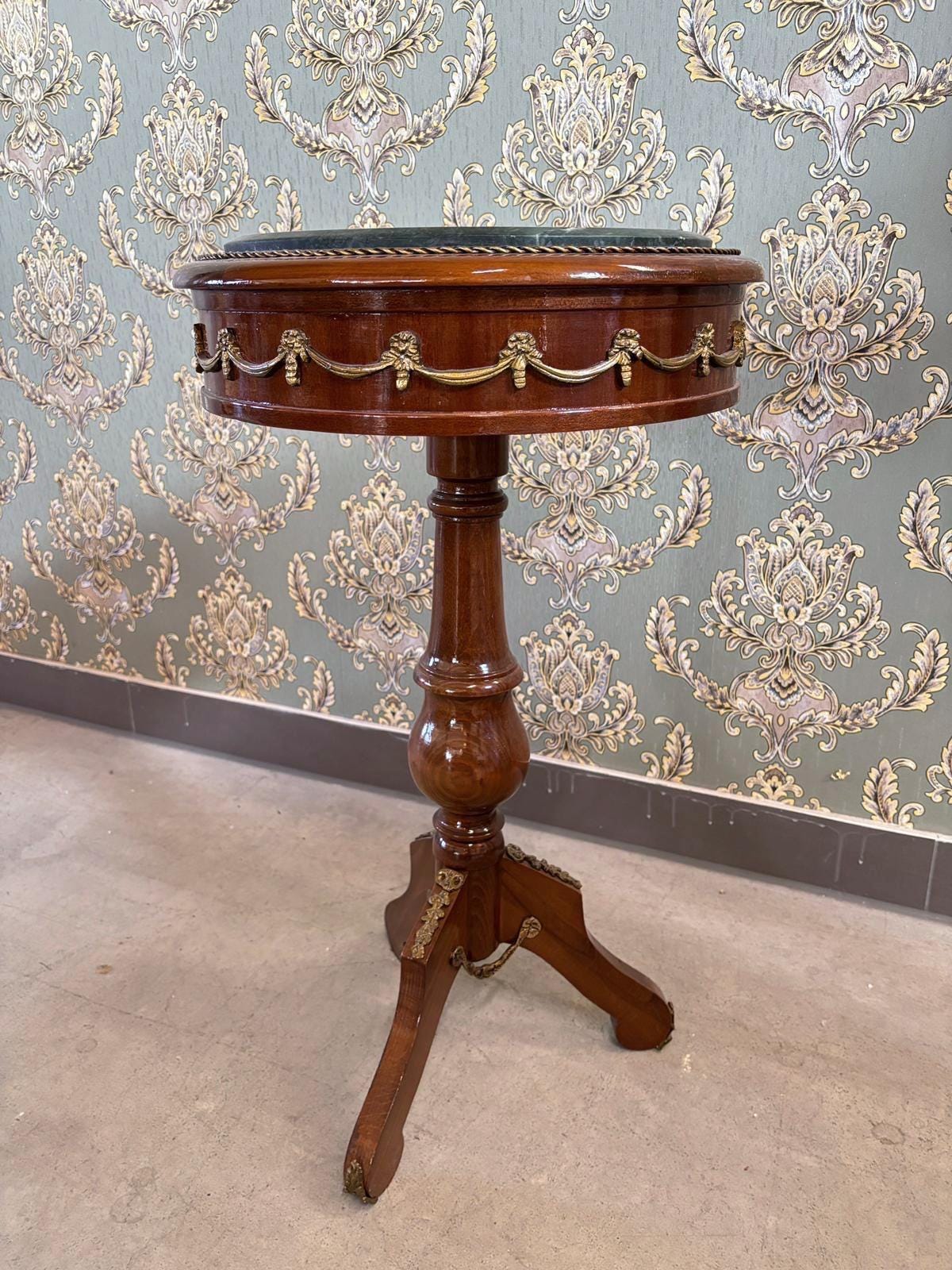 Small Wooden Side Table Baroque Antique Style Coffee Table Handcrafted Brown Round Table w/ Beige Marble Green Marble or Brown Marble Top