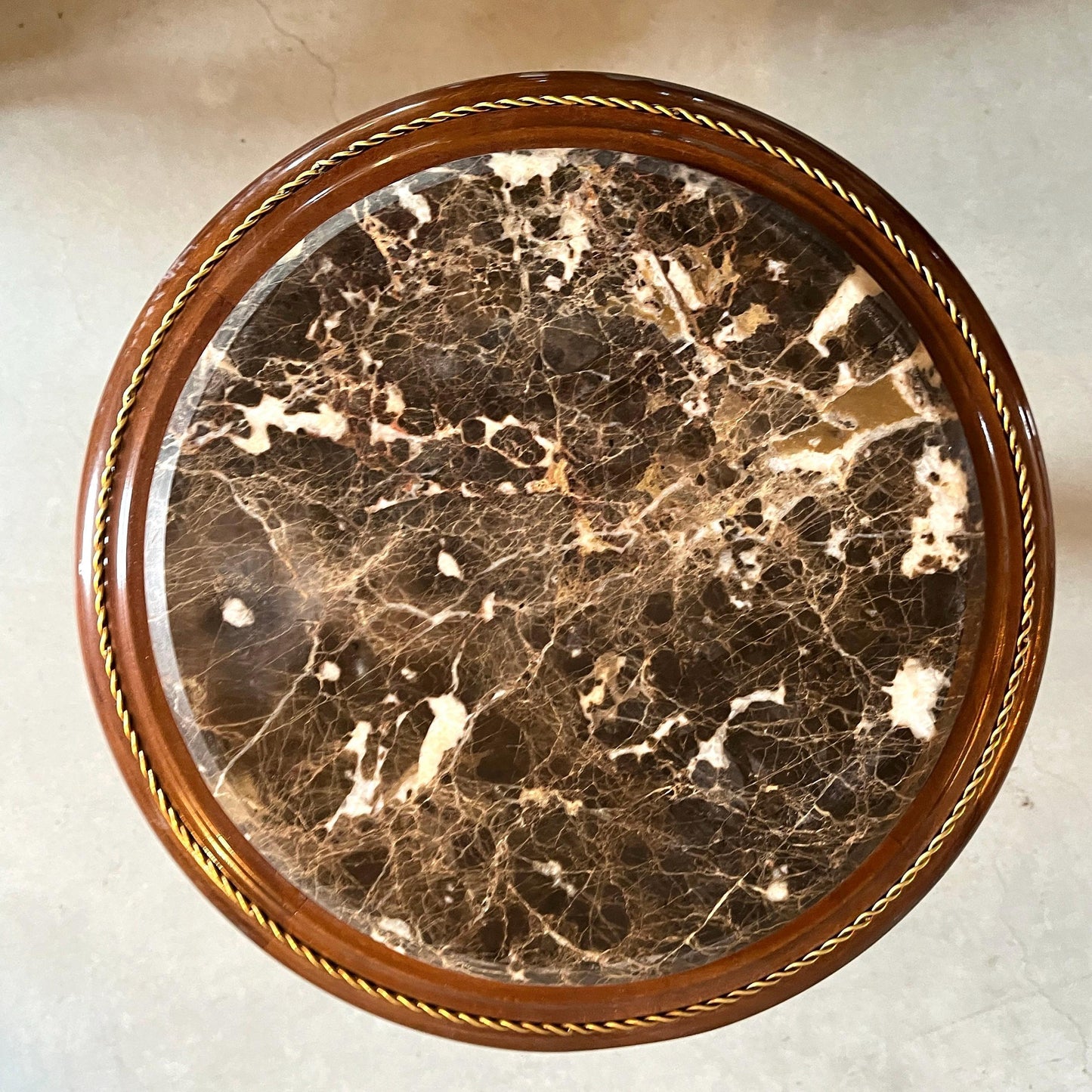 Small Wooden Side Table Baroque Antique Style Coffee Table Handcrafted Brown Round Table w/ Beige Marble Green Marble or Brown Marble Top
