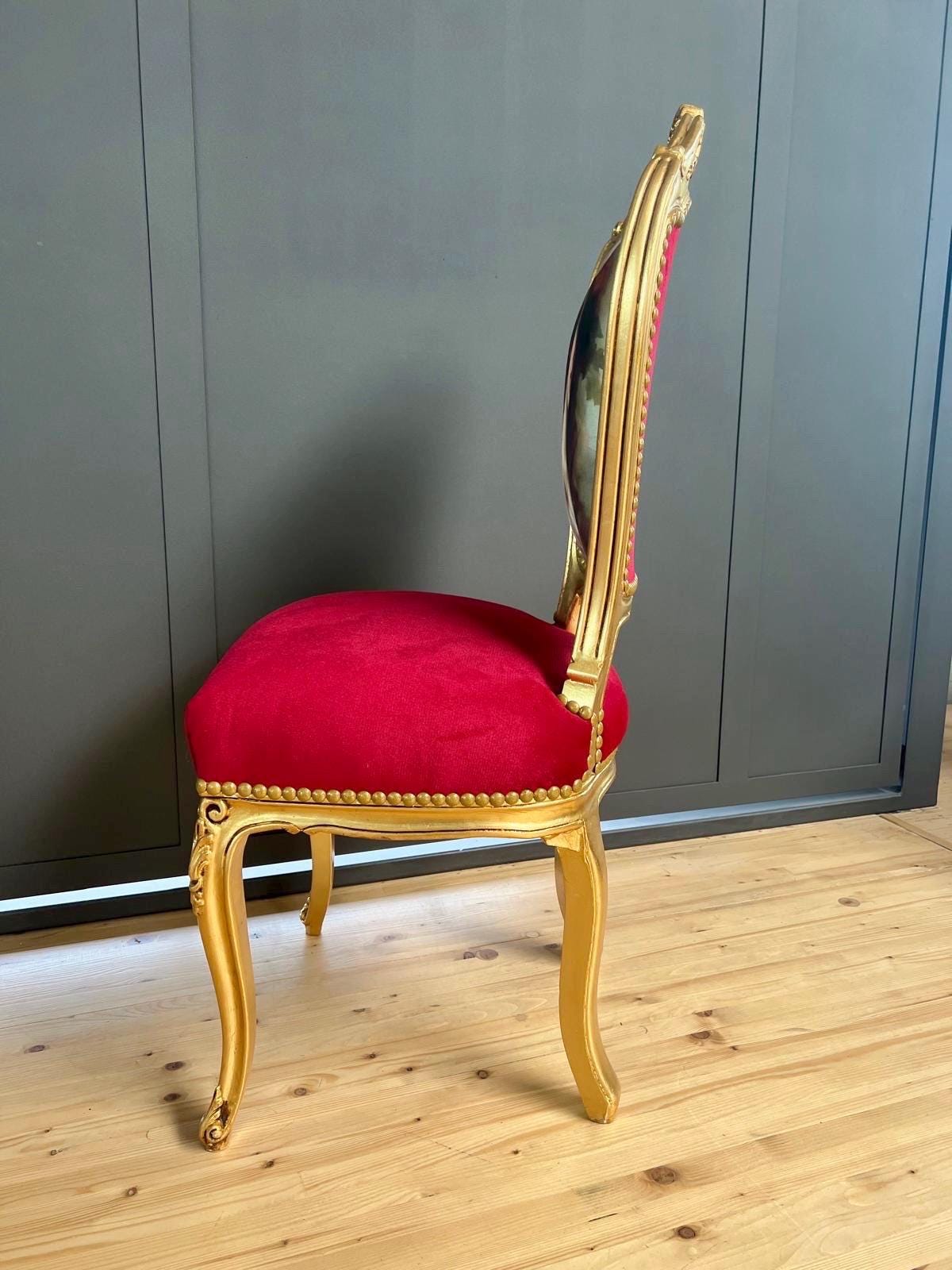 Accent Chair Baroque Rococo Dining Chair French Louis Velvet Red Chair in Gold Finish Feminine Painting Image for Home Decor LIMITED EDITION