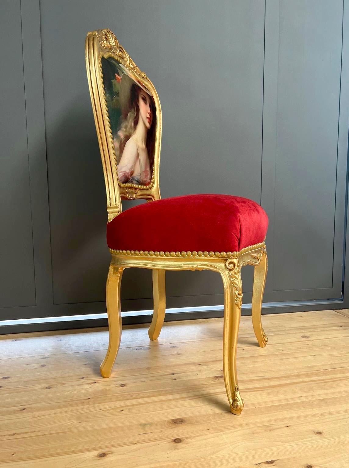 Accent Chair Baroque Rococo Dining Chair French Louis Velvet Red Chair in Gold Finish Feminine Painting Image for Home Decor LIMITED EDITION