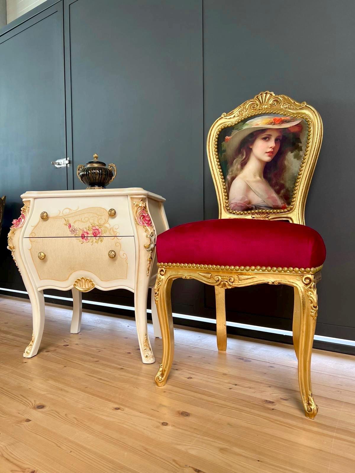 Accent Chair Baroque Rococo Dining Chair French Louis Velvet Red Chair in Gold Finish Feminine Painting Image for Home Decor LIMITED EDITION