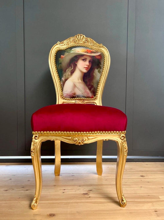 Accent Chair Baroque Rococo Dining Chair French Louis Velvet Red Chair in Gold Finish Feminine Painting Image for Home Decor LIMITED EDITION