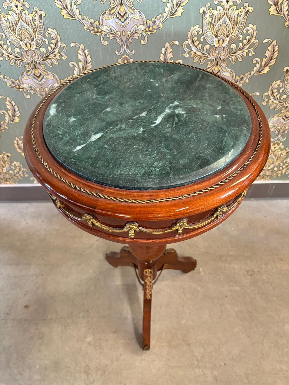 Small Wooden Side Table Baroque Antique Style Coffee Table Handcrafted Brown Round Table w/ Beige Marble Green Marble or Brown Marble Top