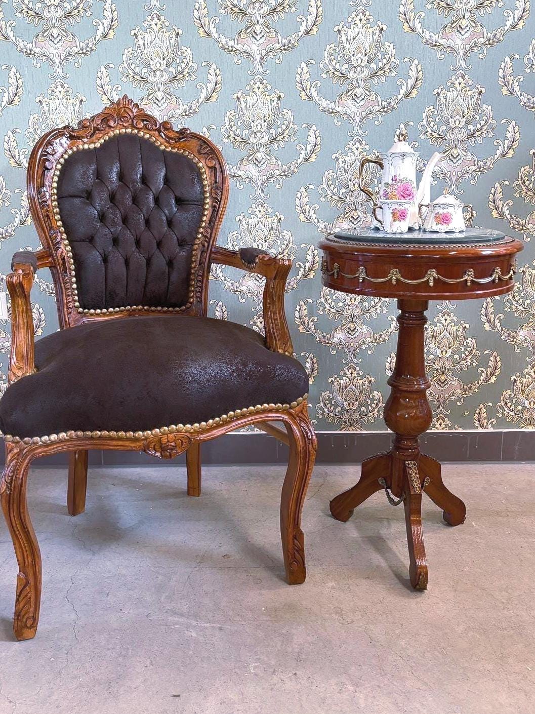 Small Wooden Side Table Baroque Antique Style Coffee Table Handcrafted Brown Round Table w/ Beige Marble Green Marble or Brown Marble Top