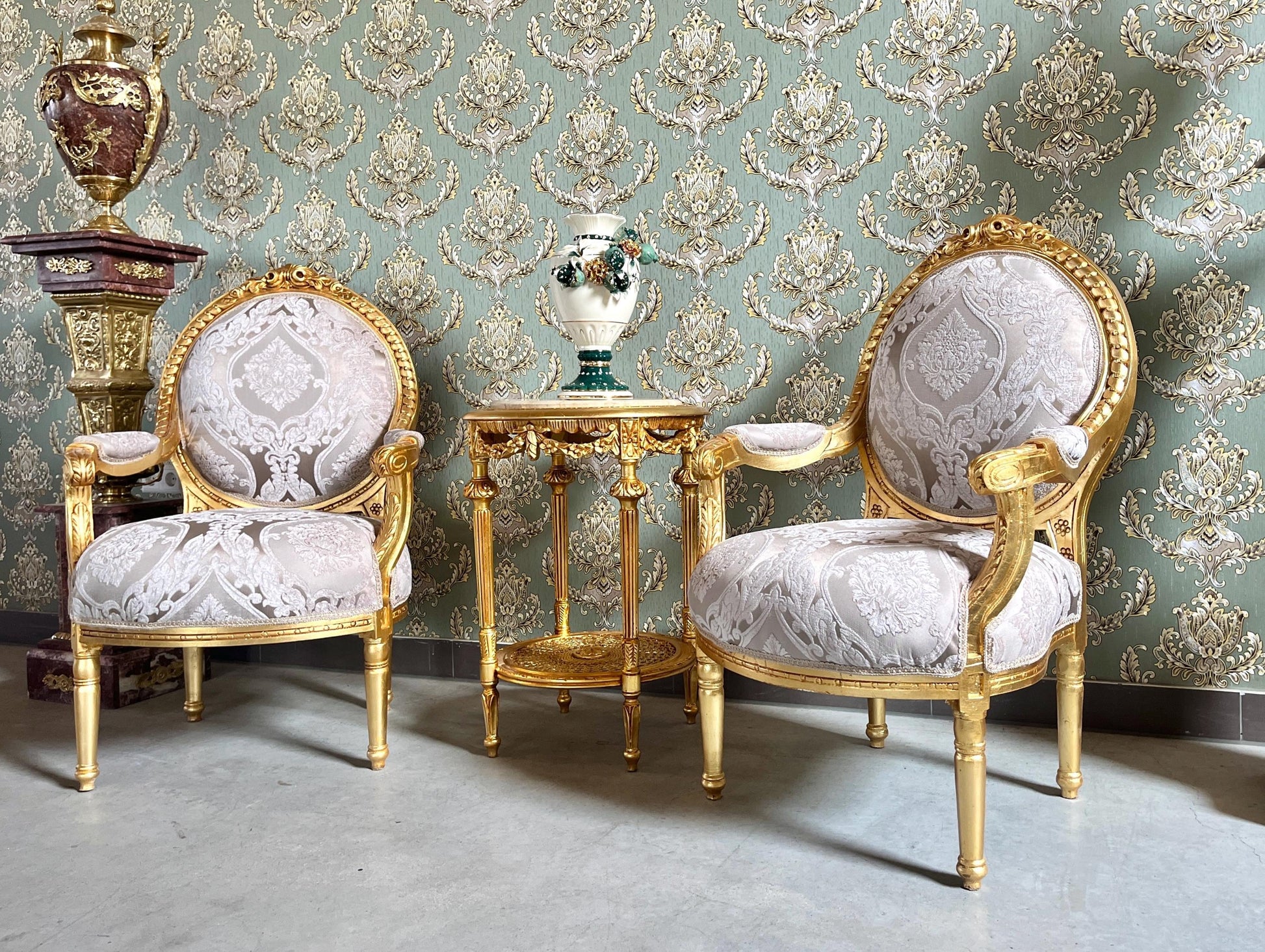Rococo Armchairs & Table Set: Handmade Baroque Style, Gold Finish