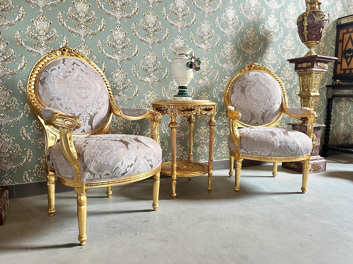 Rococo Armchairs & Table Set: Handmade Baroque Style, Gold Finish
