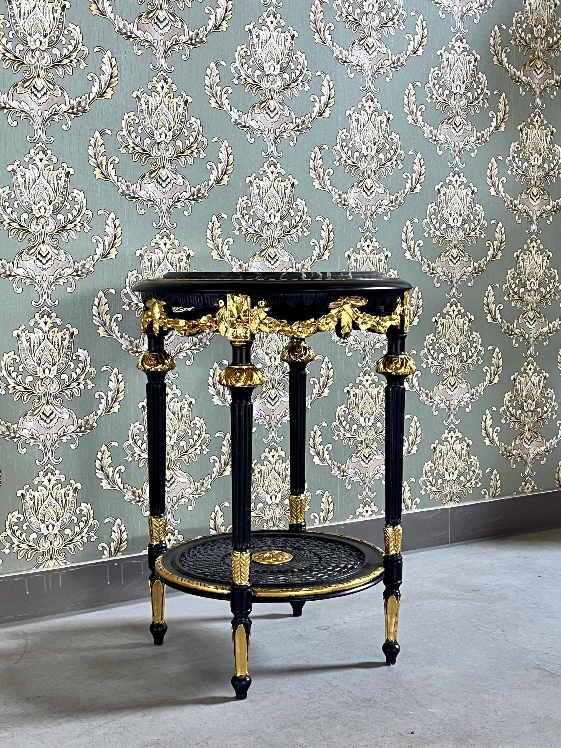 Black & Gold French Baroque Side Table: Marble Top Rococo Accent Table