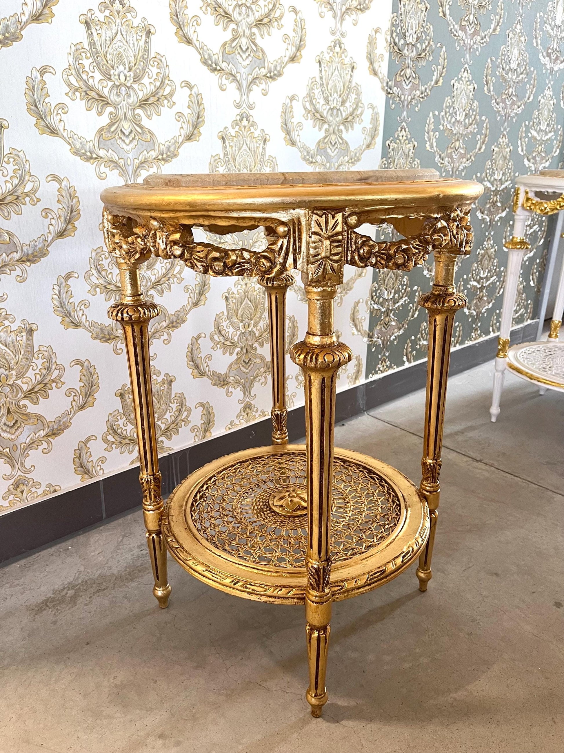 Black & Gold French Baroque Side Table: Marble Top Rococo Accent Table