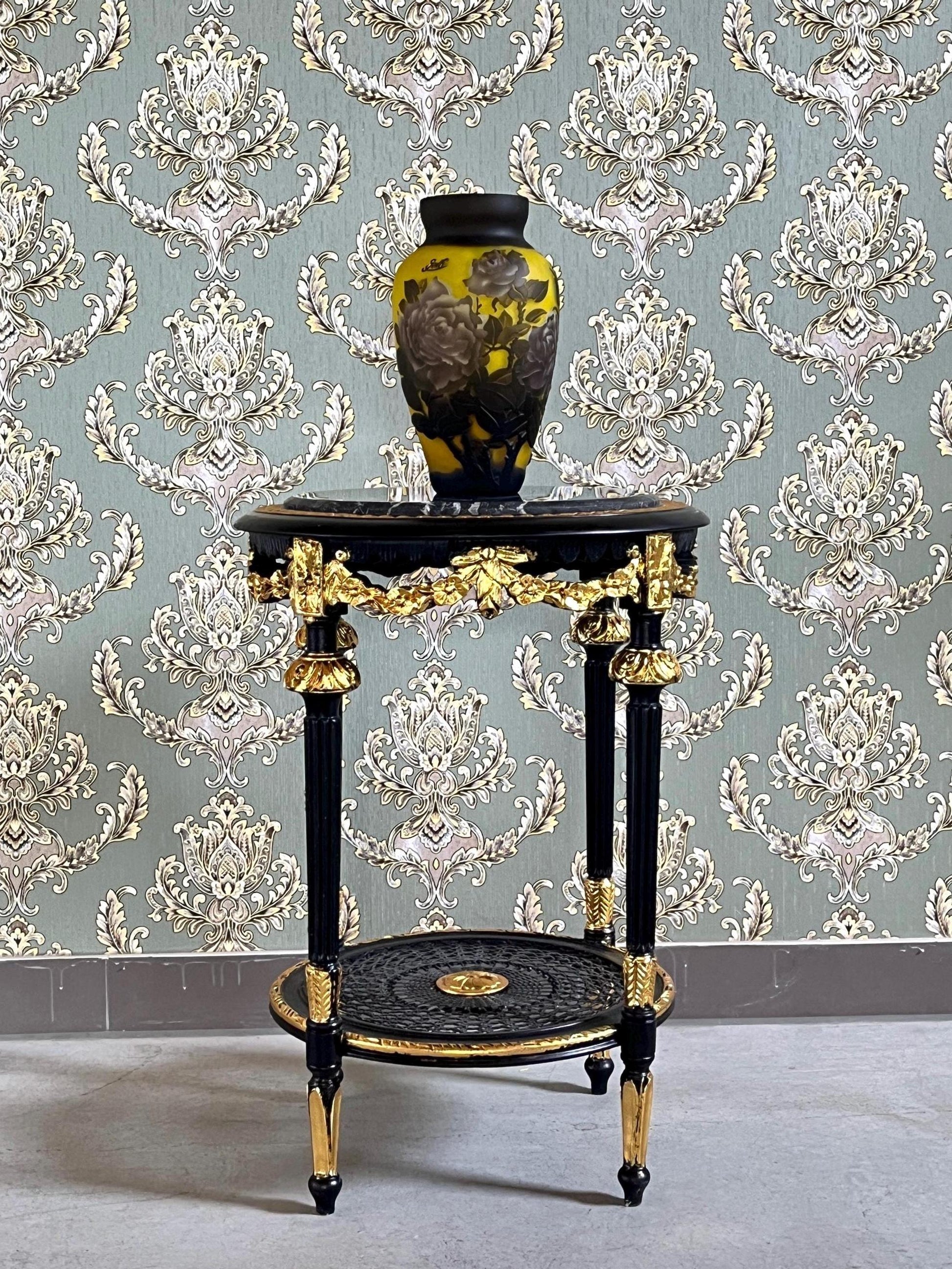 Black & Gold French Baroque Side Table: Marble Top Rococo Accent Table