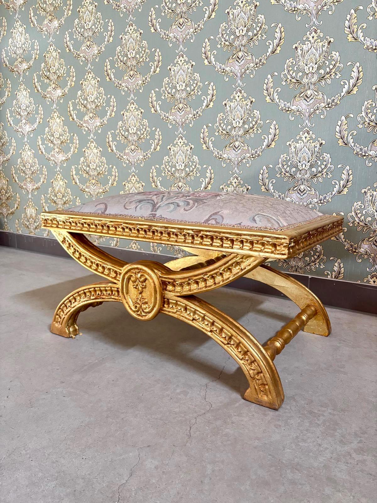 Baroque Ottoman Stool: Gold Finish, Floral Jacquard Fabric