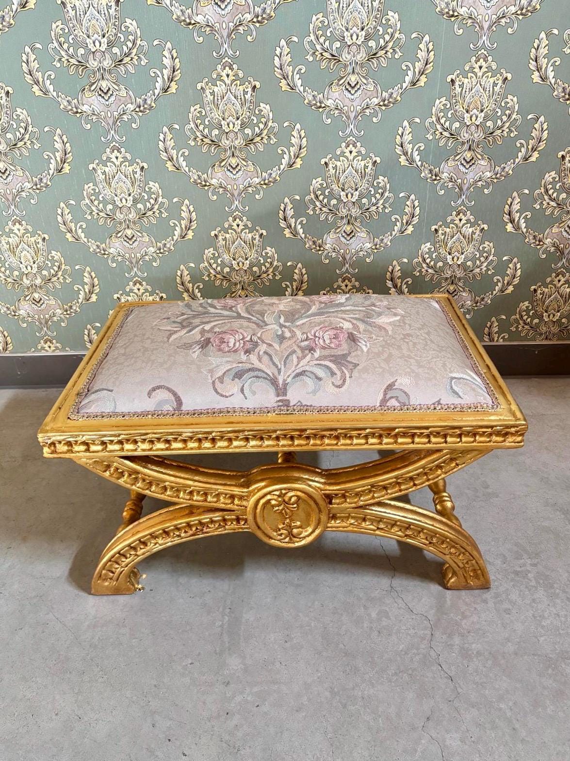 Baroque Ottoman Stool: Gold Finish, Floral Jacquard Fabric