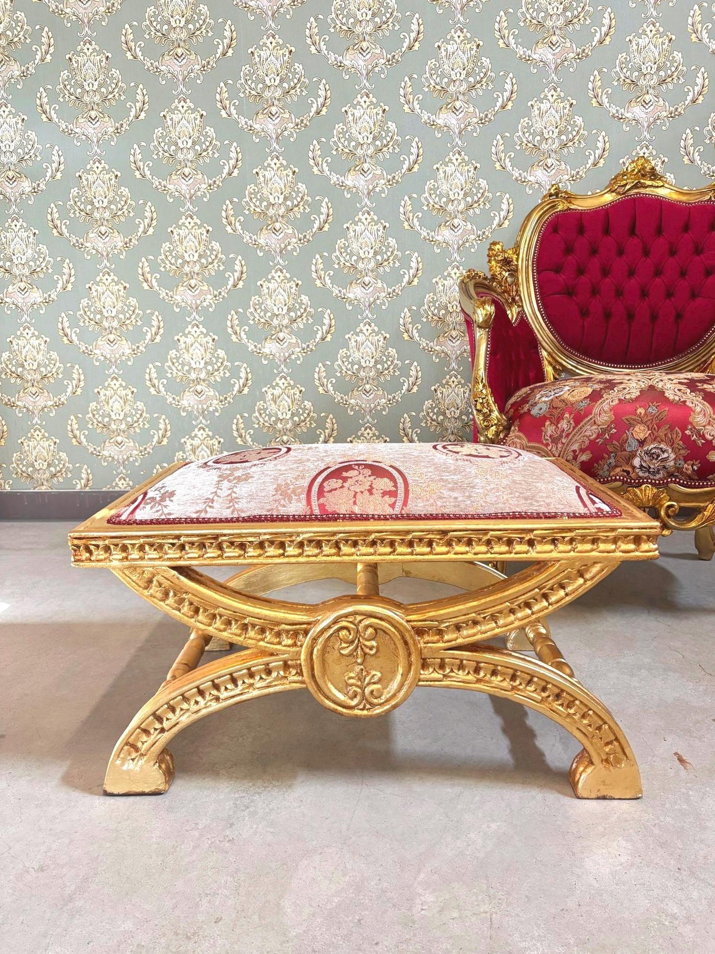 Baroque Ottoman Stool: Gold Finish, Floral Jacquard Fabric