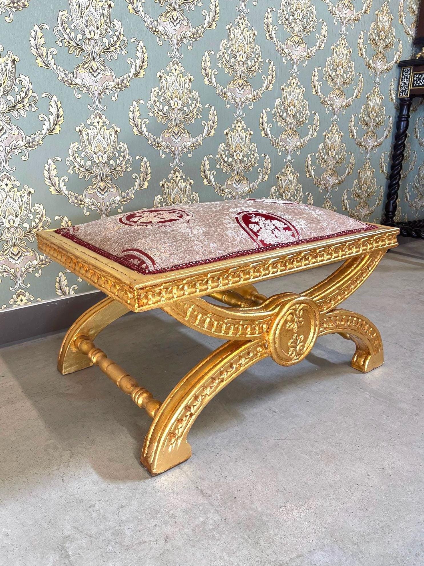 Baroque Ottoman Stool: Gold Finish, Floral Jacquard Fabric