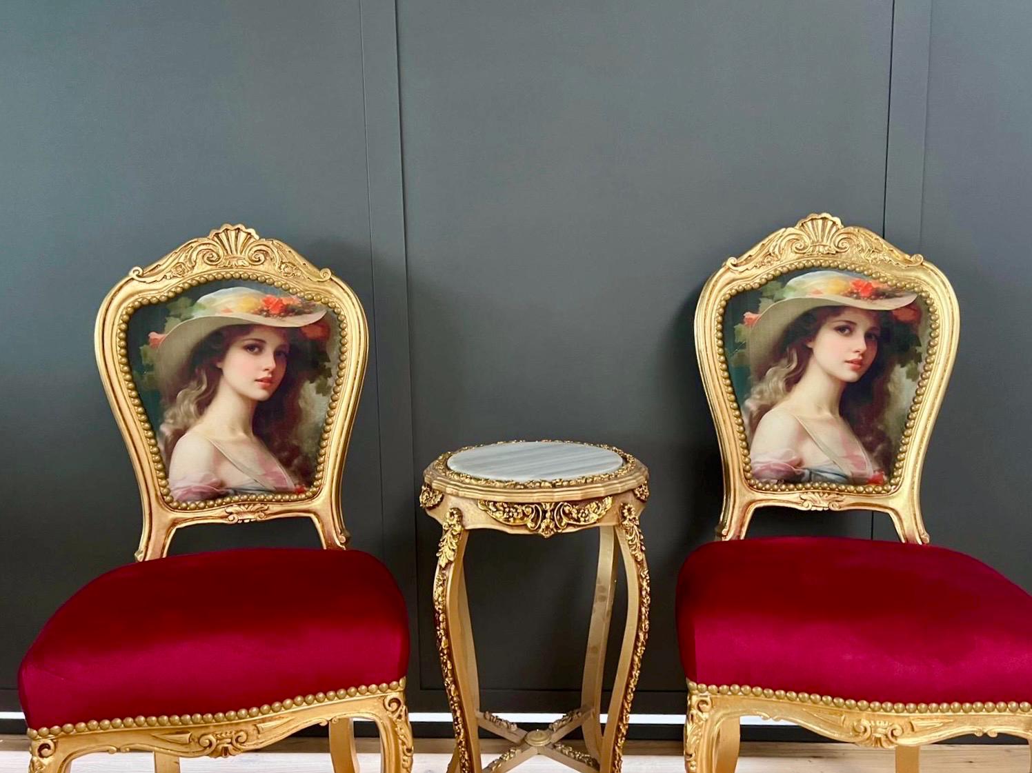Louis XV Style Red Velvet Chair Set: Antique Baroque Accent Furniture