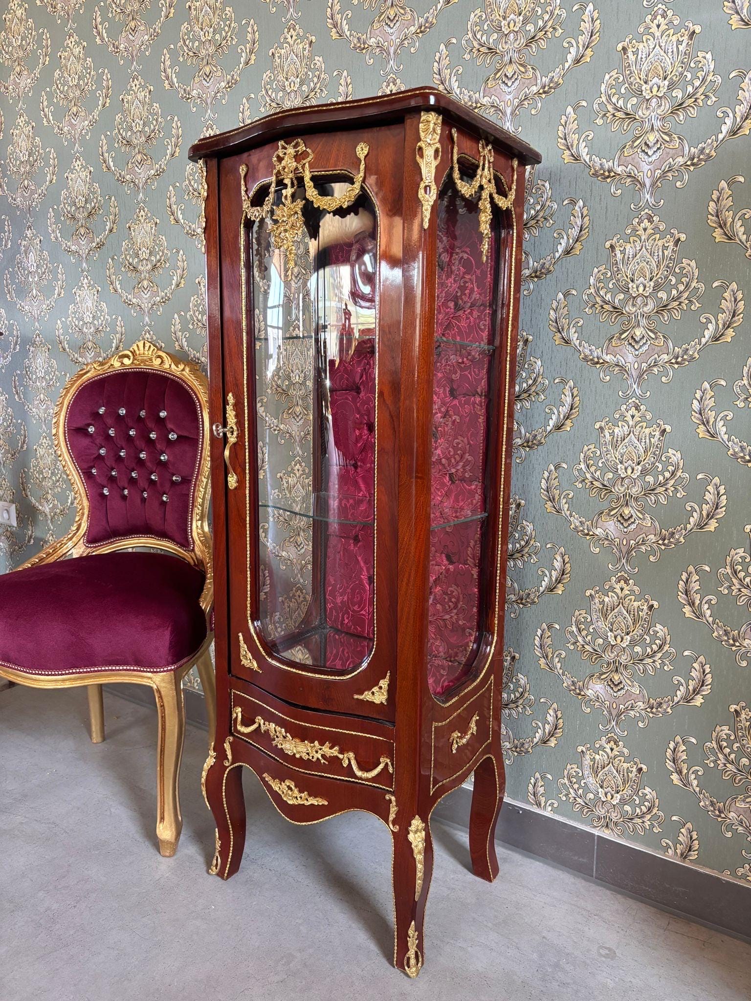 Wooden Display Cabinet French Antique Style Brown Showcase Retro Baroque Glass 3-Shelf Cabinet Bordeaux Fabric at Back for Home Decor