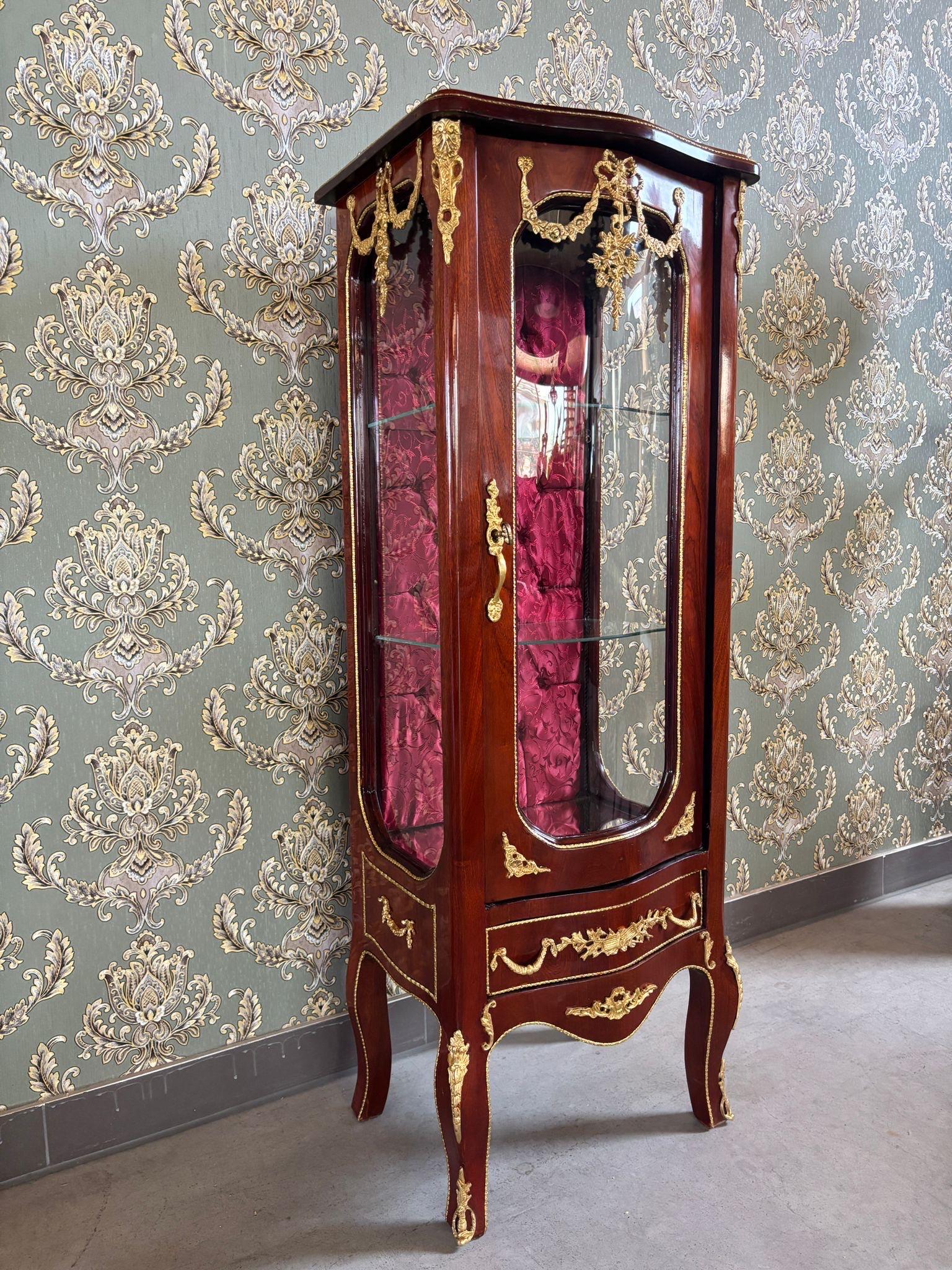 Wooden Display Cabinet French Antique Style Brown Showcase Retro Baroque Glass 3-Shelf Cabinet Bordeaux Fabric at Back for Home Decor