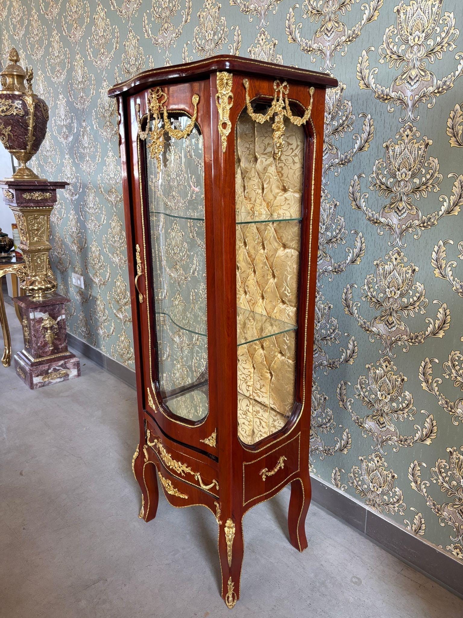 Wooden Display Cabinet French Antique Style Brown Showcase Retro Baroque Glass 3-Shelf Cabinet Gold Fabric at Back for Home Decor