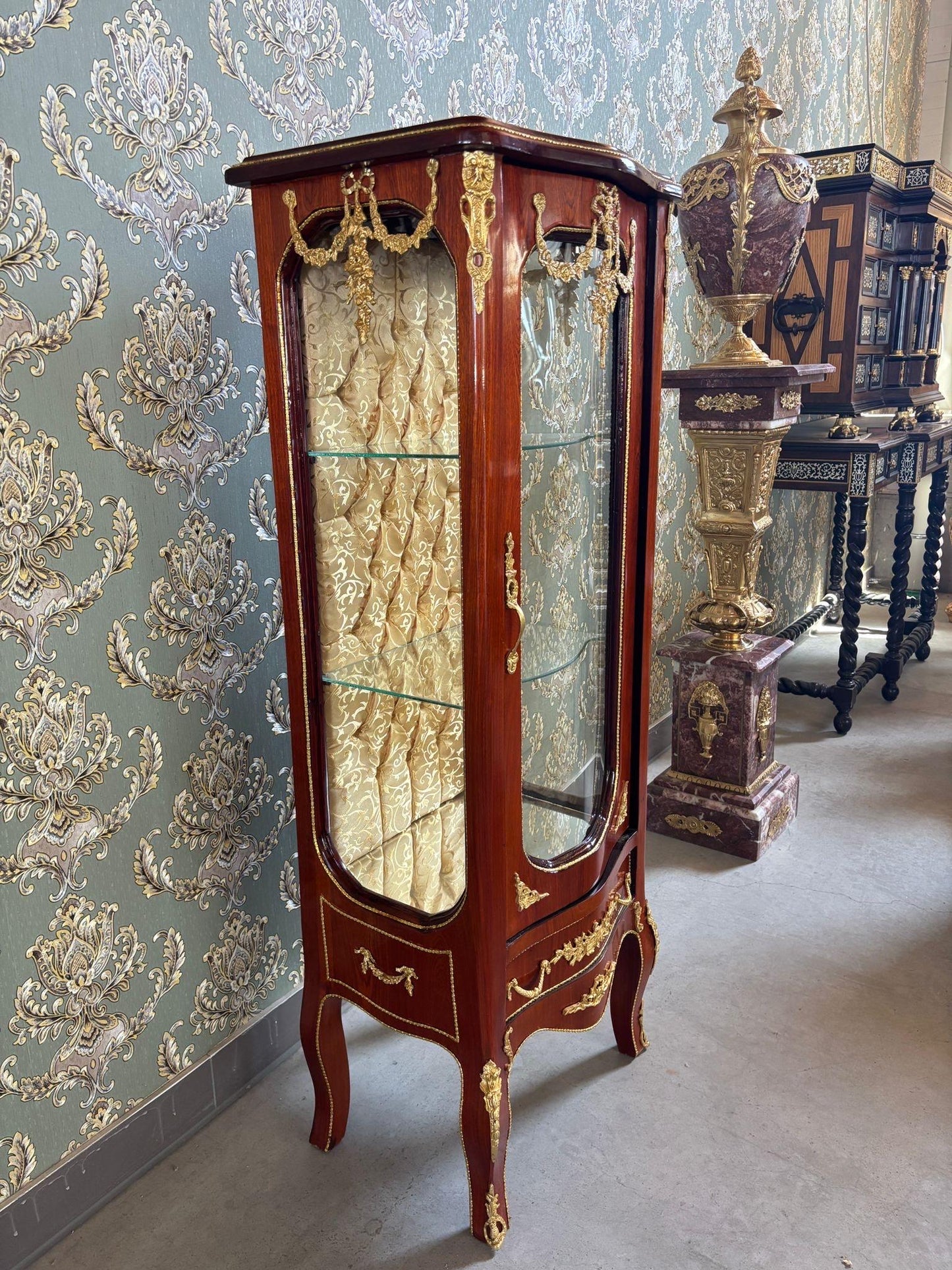 Wooden Display Cabinet French Antique Style Brown Showcase Retro Baroque Glass 3-Shelf Cabinet Gold Fabric at Back for Home Decor