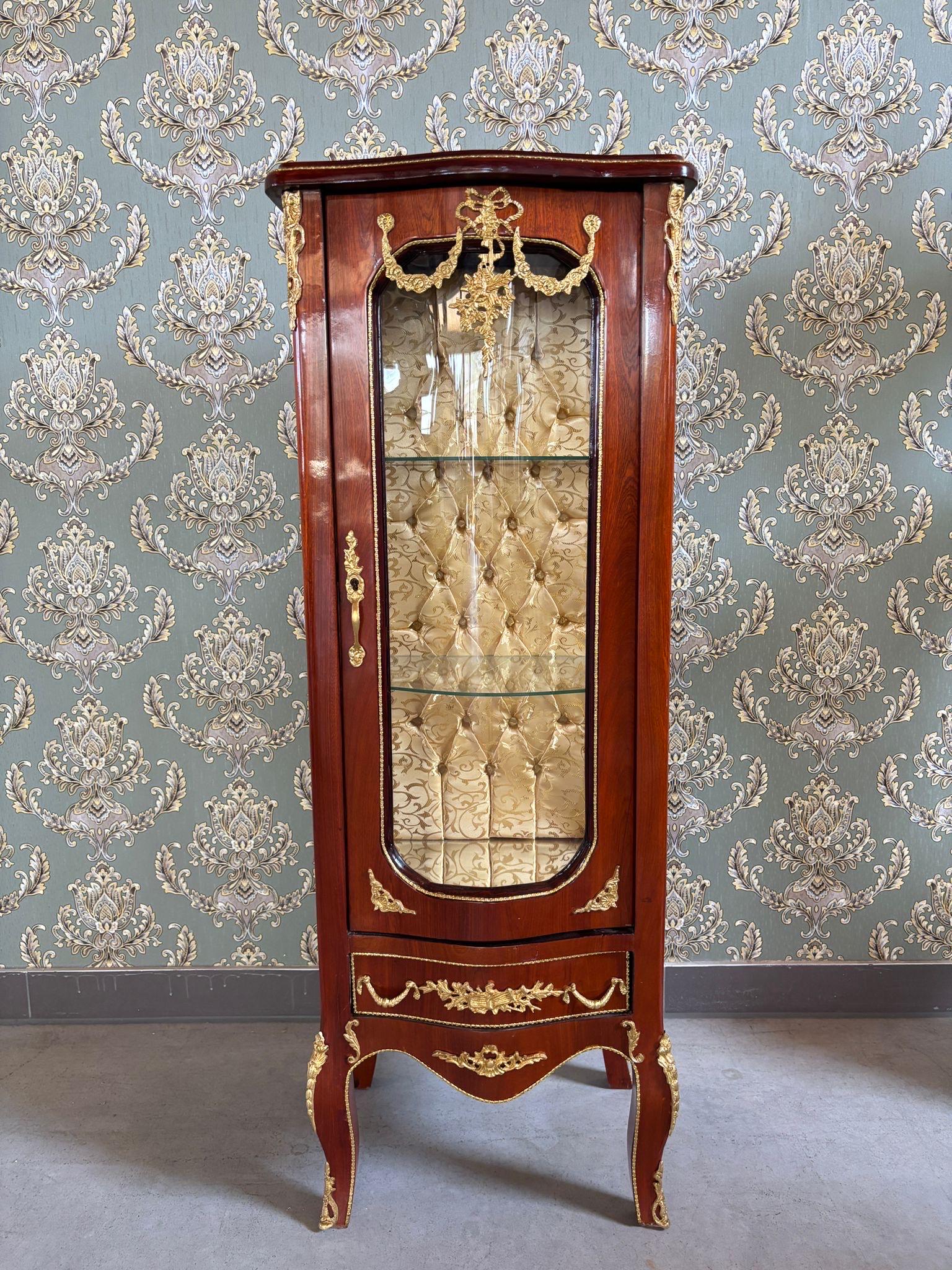 Wooden Display Cabinet French Antique Style Brown Showcase Retro Baroque Glass 3-Shelf Cabinet Gold Fabric at Back for Home Decor