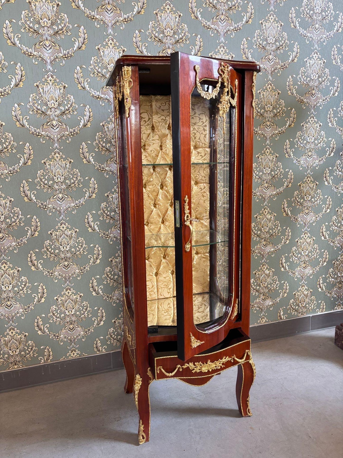 Wooden Display Cabinet French Antique Style Brown Showcase Retro Baroque Glass 3-Shelf Cabinet Gold Fabric at Back for Home Decor