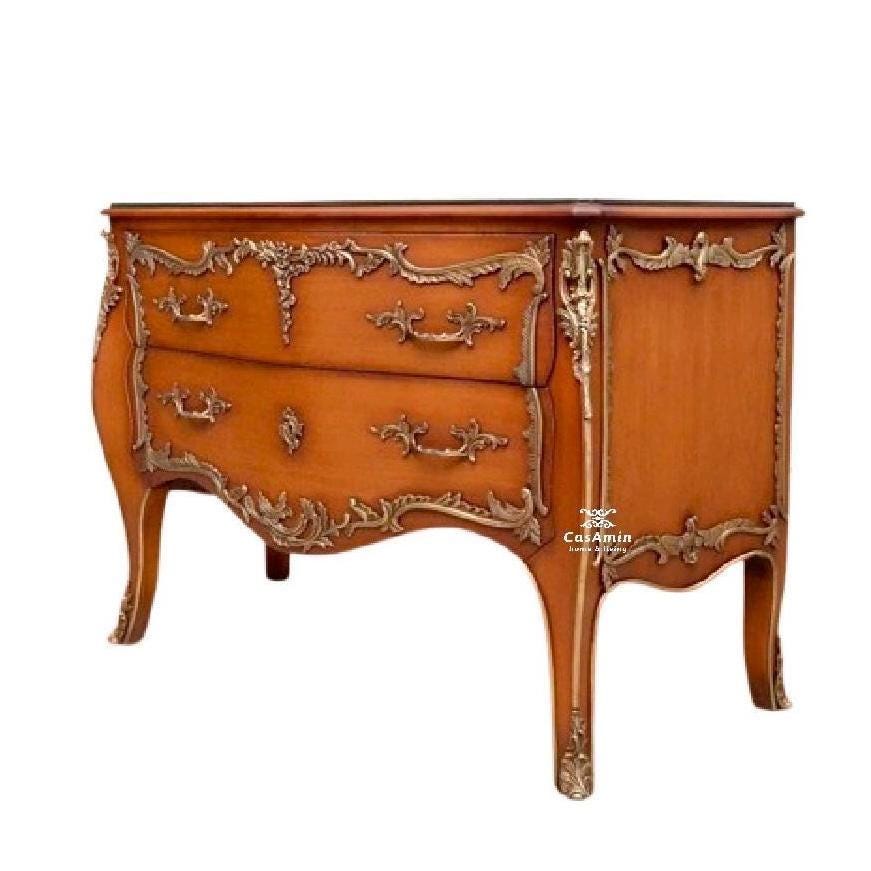 Chest of Drawer Louis XV Dresser in Wooden Brown Chest of Drawer Yellow Retro Baroque Style with Brass Ornaments for Stylish Bedroom Decor