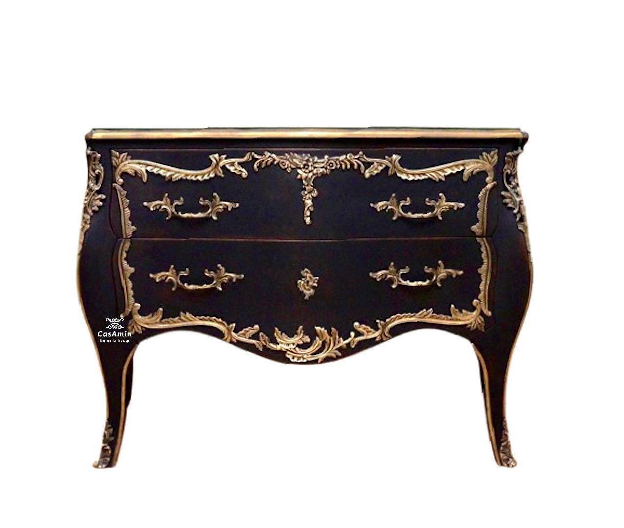 Luxury Chest of Drawer French Louis Style Black and Gold Bronze Retro Baroque Dresser White and Silver Brass for Stylish Bedroom Decor