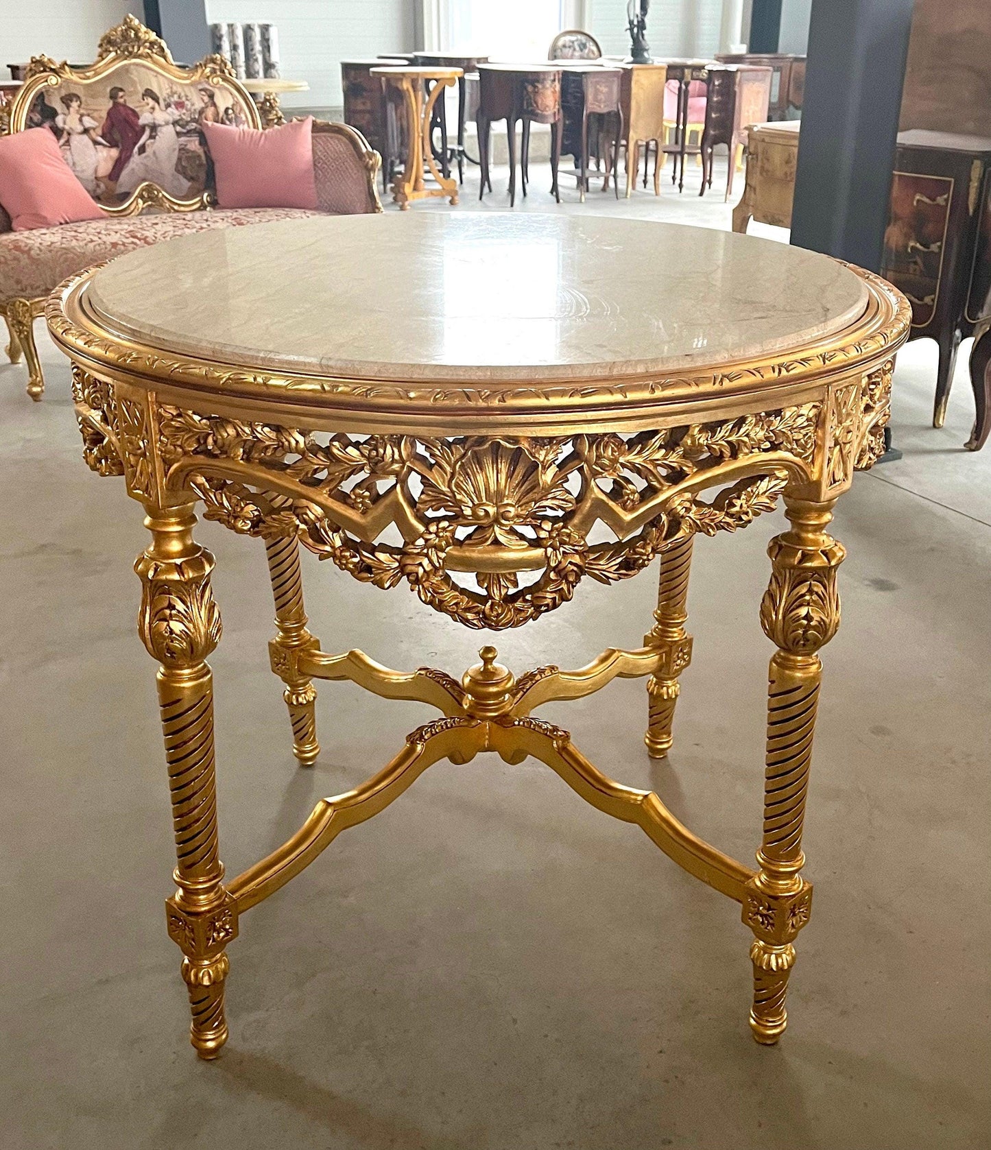 Round Table Italian Baroque Rococo Style in Beige Marble Top Table Black Marble Top French Decor Table Antique Style Table for Home Decor