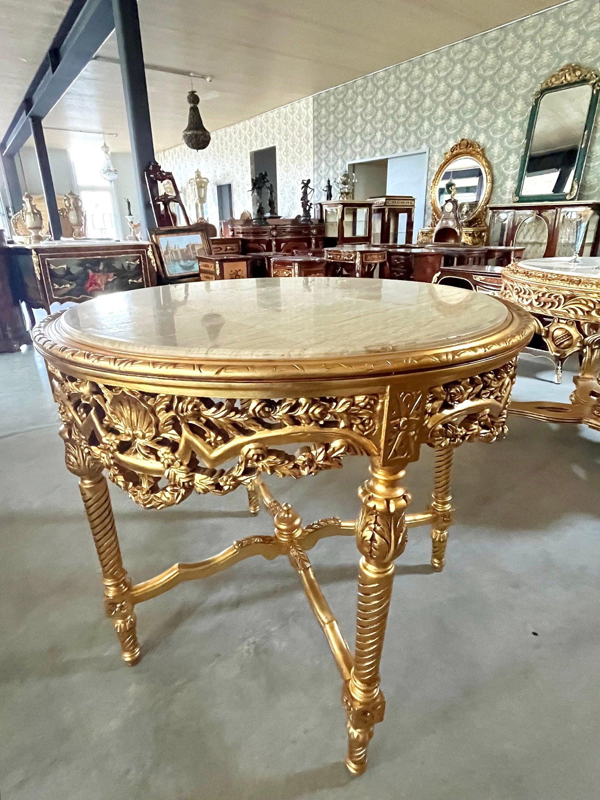 Round Table Italian Baroque Rococo Style in Beige Marble Top Table Black Marble Top French Decor Table Antique Style Table for Home Decor