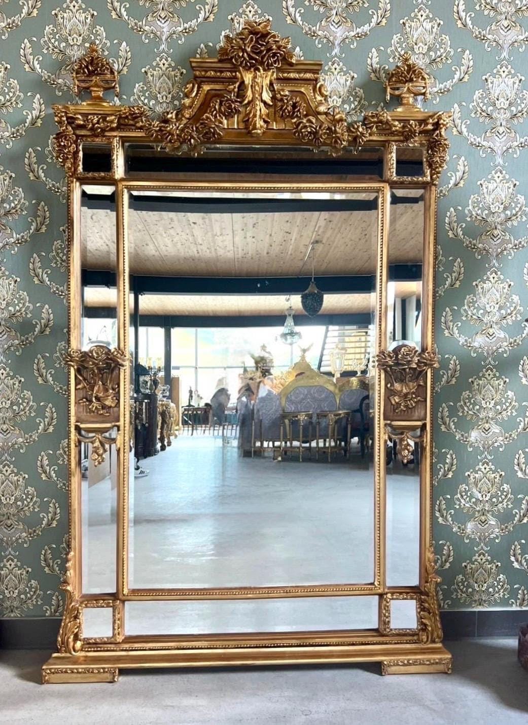 Floor Mirror Antique Baroque Rococo Style with Decorative Flower Sculpture Frame Luxurious Retangular Mirror in Gold Finish for Home Decor
