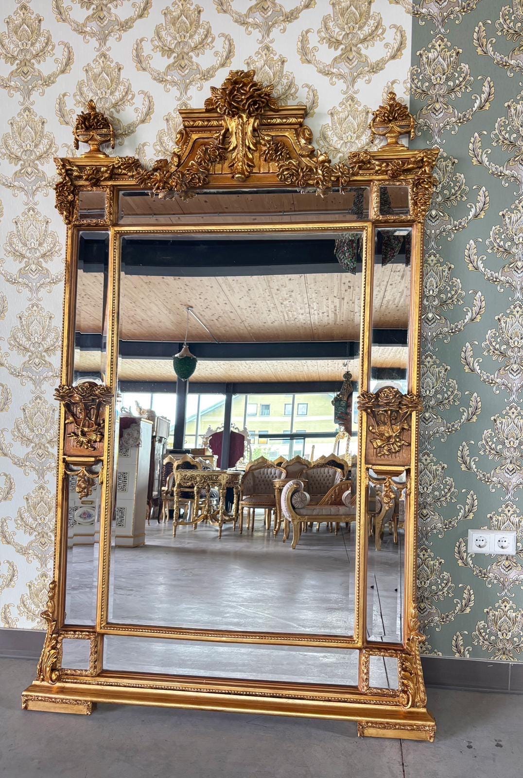Floor Mirror Antique Baroque Rococo Style with Decorative Flower Sculpture Frame Luxurious Retangular Mirror in Gold Finish for Home Decor