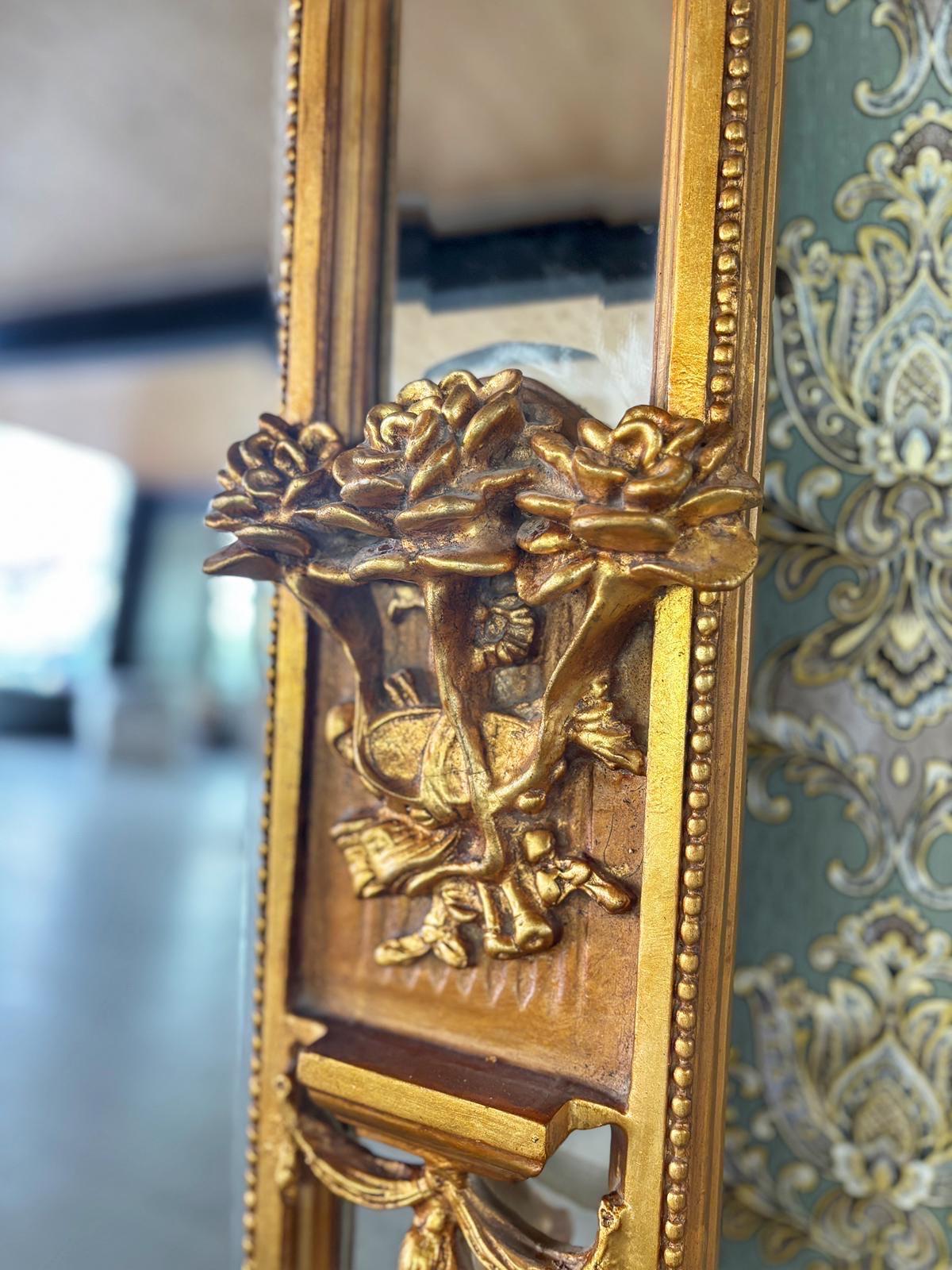 Floor Mirror Antique Baroque Rococo Style with Decorative Flower Sculpture Frame Luxurious Retangular Mirror in Gold Finish for Home Decor