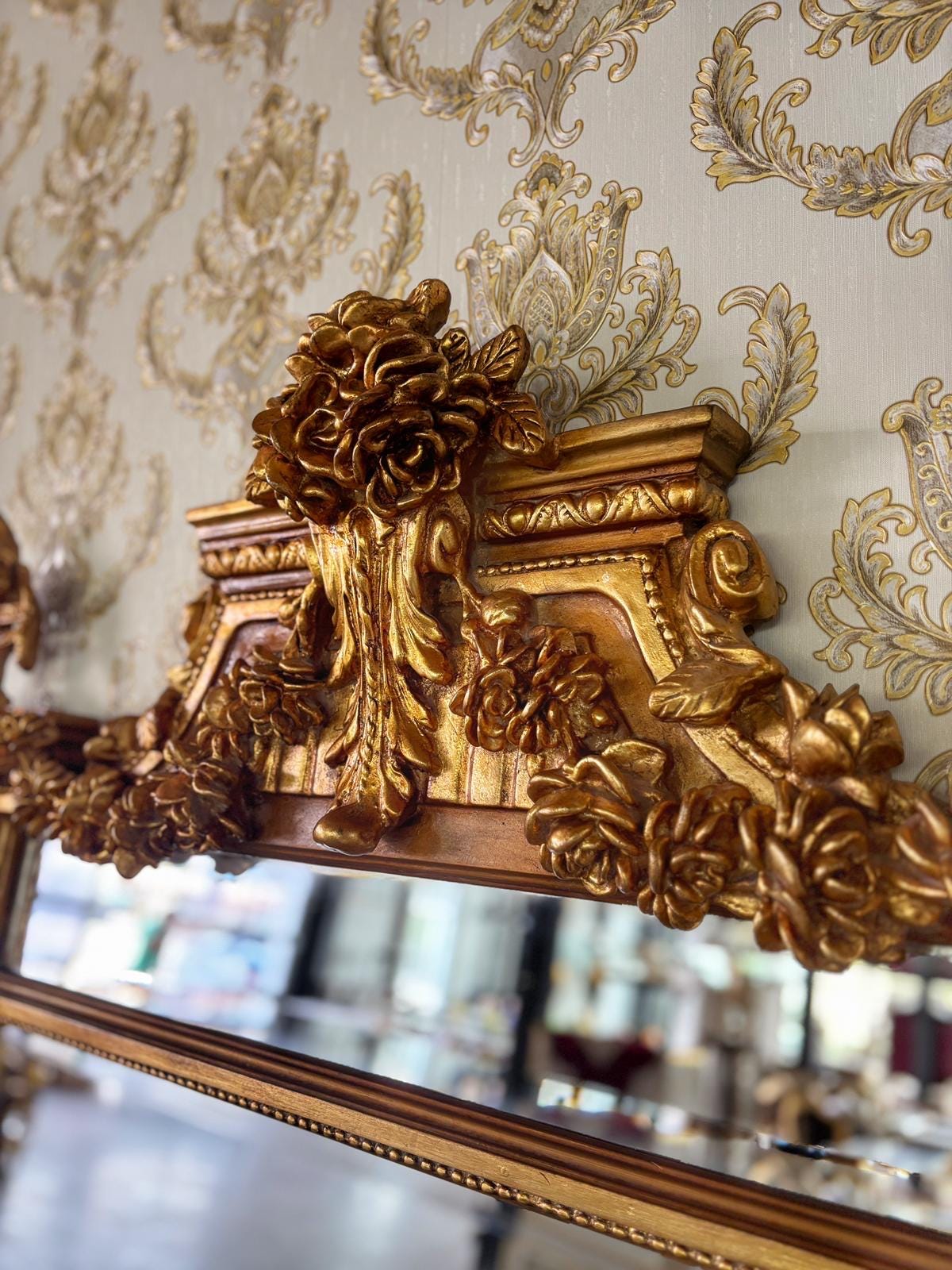 Floor Mirror Antique Baroque Rococo Style with Decorative Flower Sculpture Frame Luxurious Retangular Mirror in Gold Finish for Home Decor