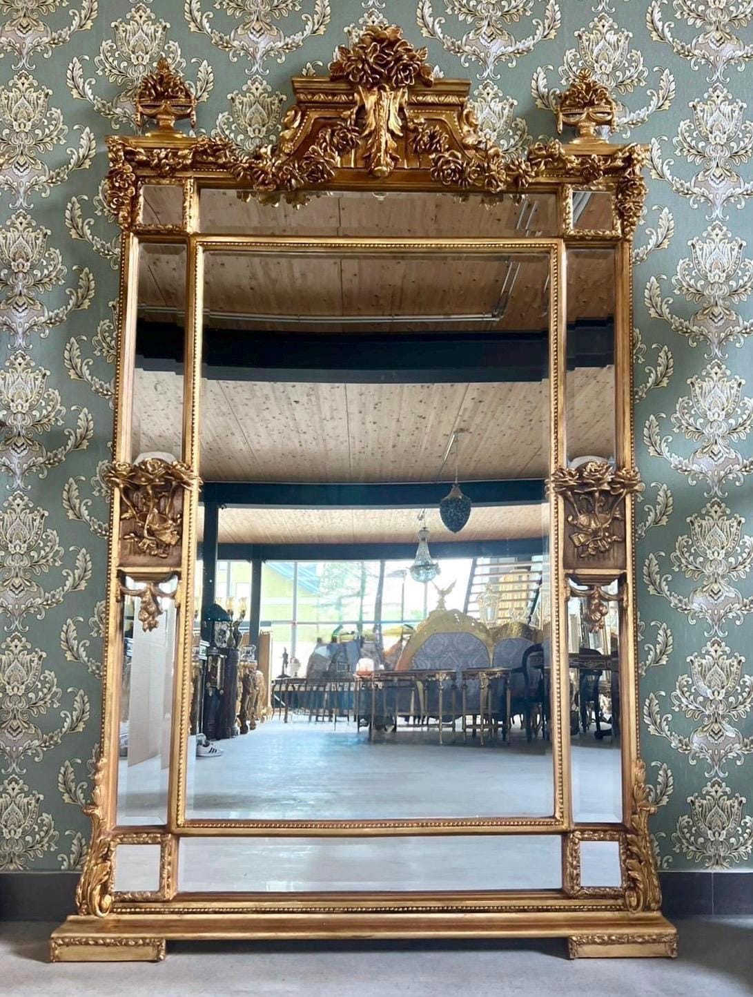 Floor Mirror Antique Baroque Rococo Style with Decorative Flower Sculpture Frame Luxurious Retangular Mirror in Gold Finish for Home Decor