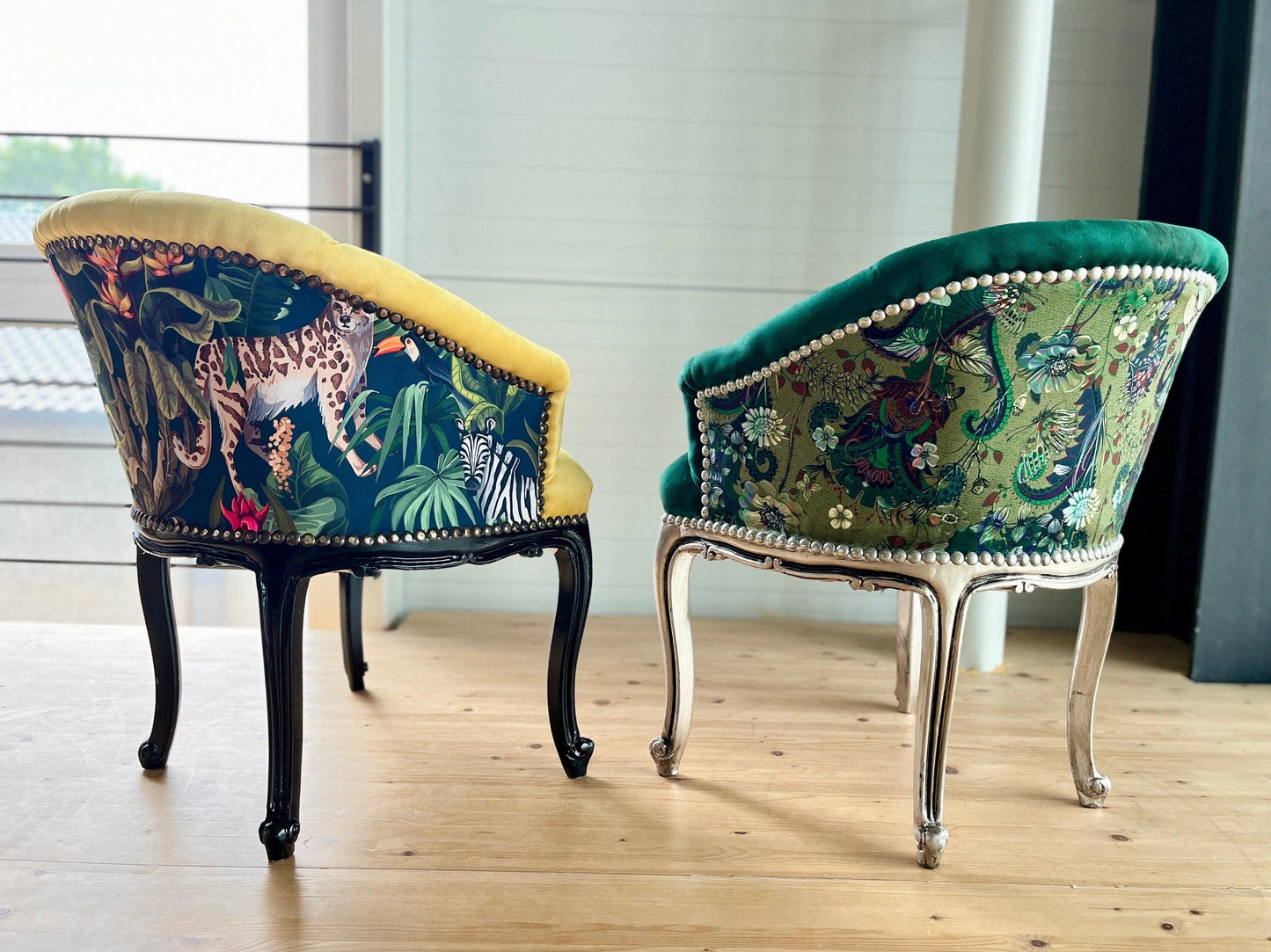 Cocktail Chair Tufted Velvet French Baroque Rococo Style in Animal Jungle Print at Back Bar Chair Velvet Yellow Velvet Green Lounge Chair