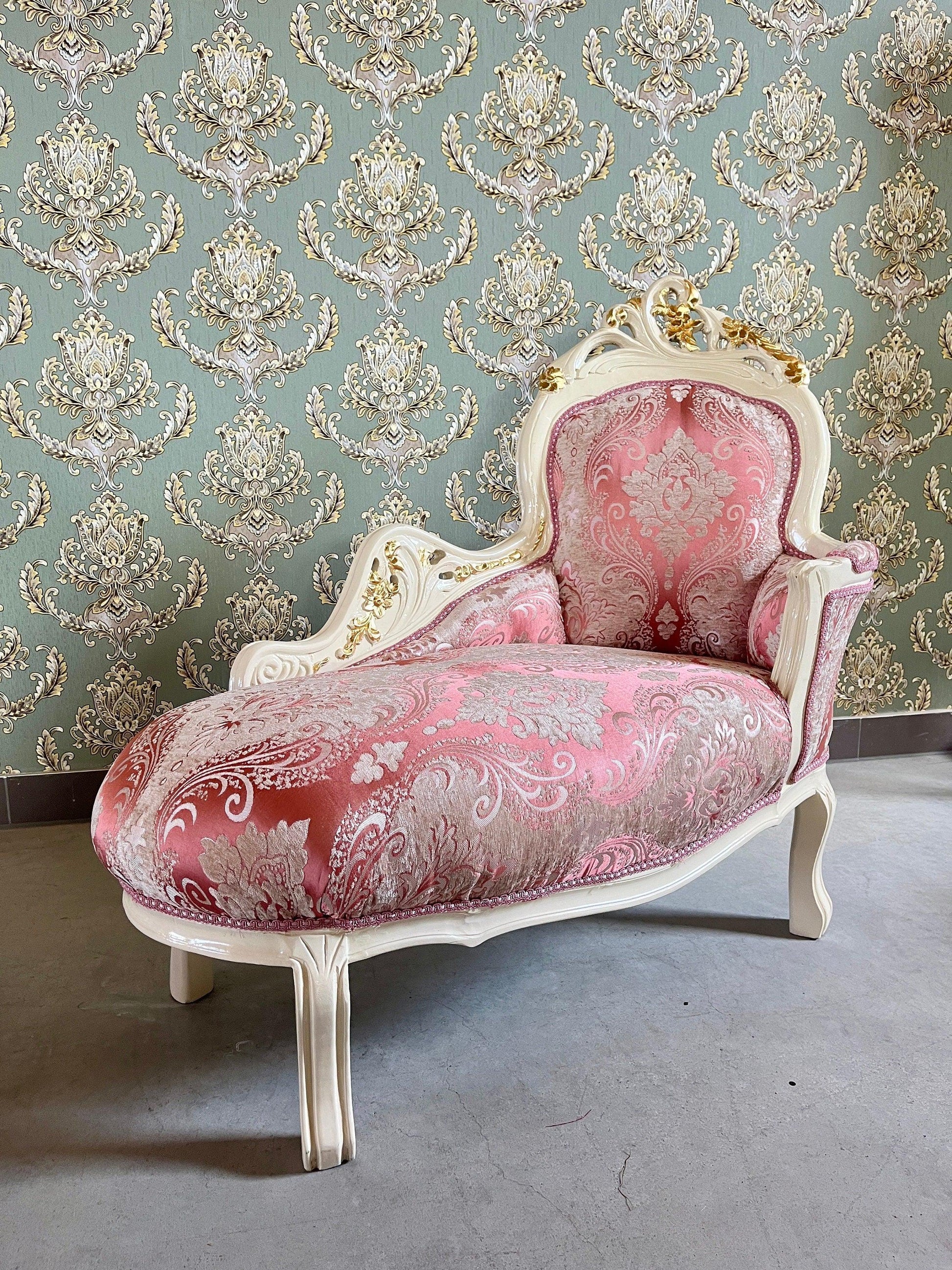 Small Chaise Longue French Louis Style in Flower Pattern Retro Baroque Style Bench in Velvet Green Velvet Pink for Home Decor