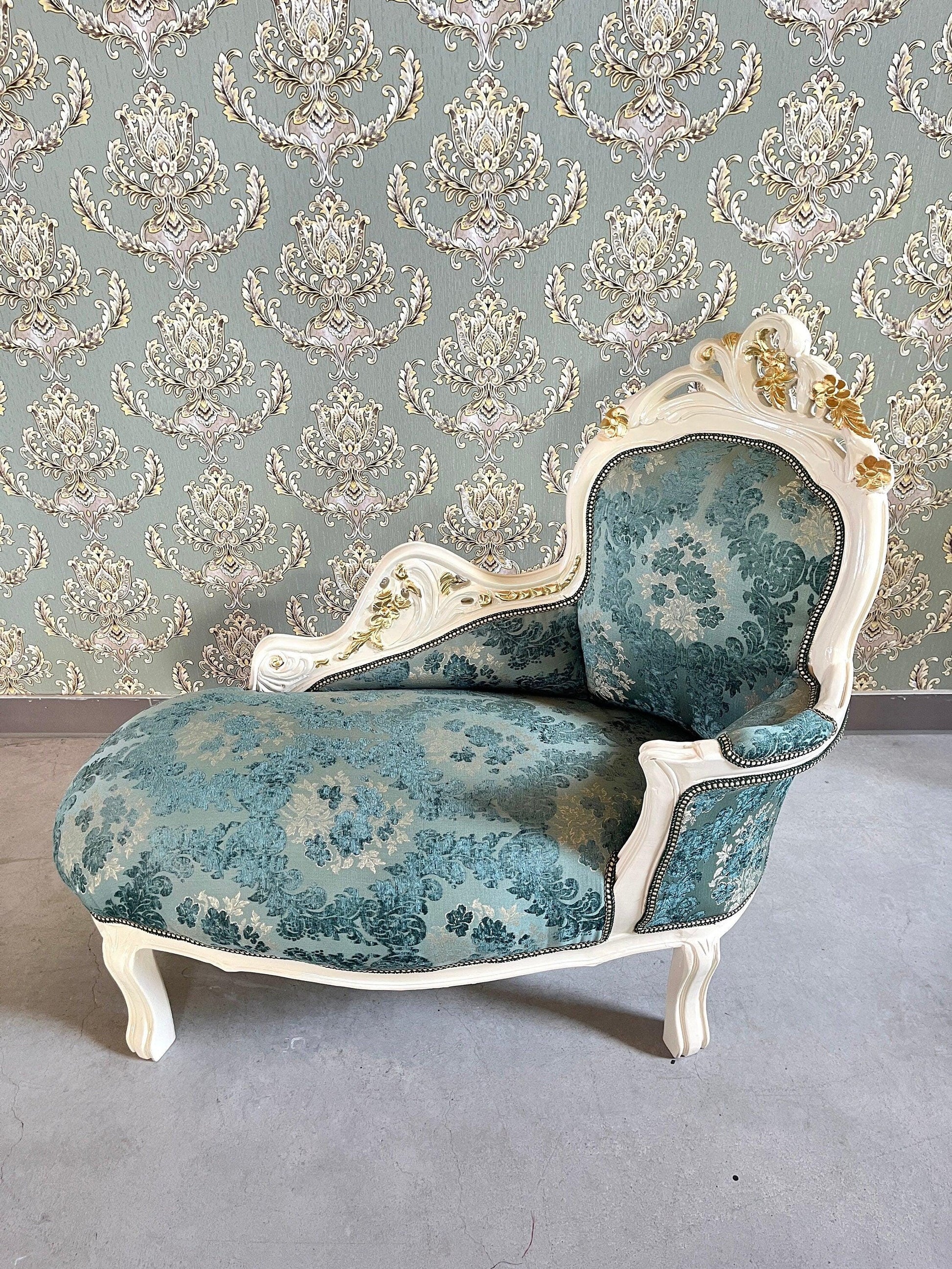 Small Chaise Longue French Louis Style in Flower Pattern Retro Baroque Style Bench in Velvet Green Velvet Pink for Home Decor