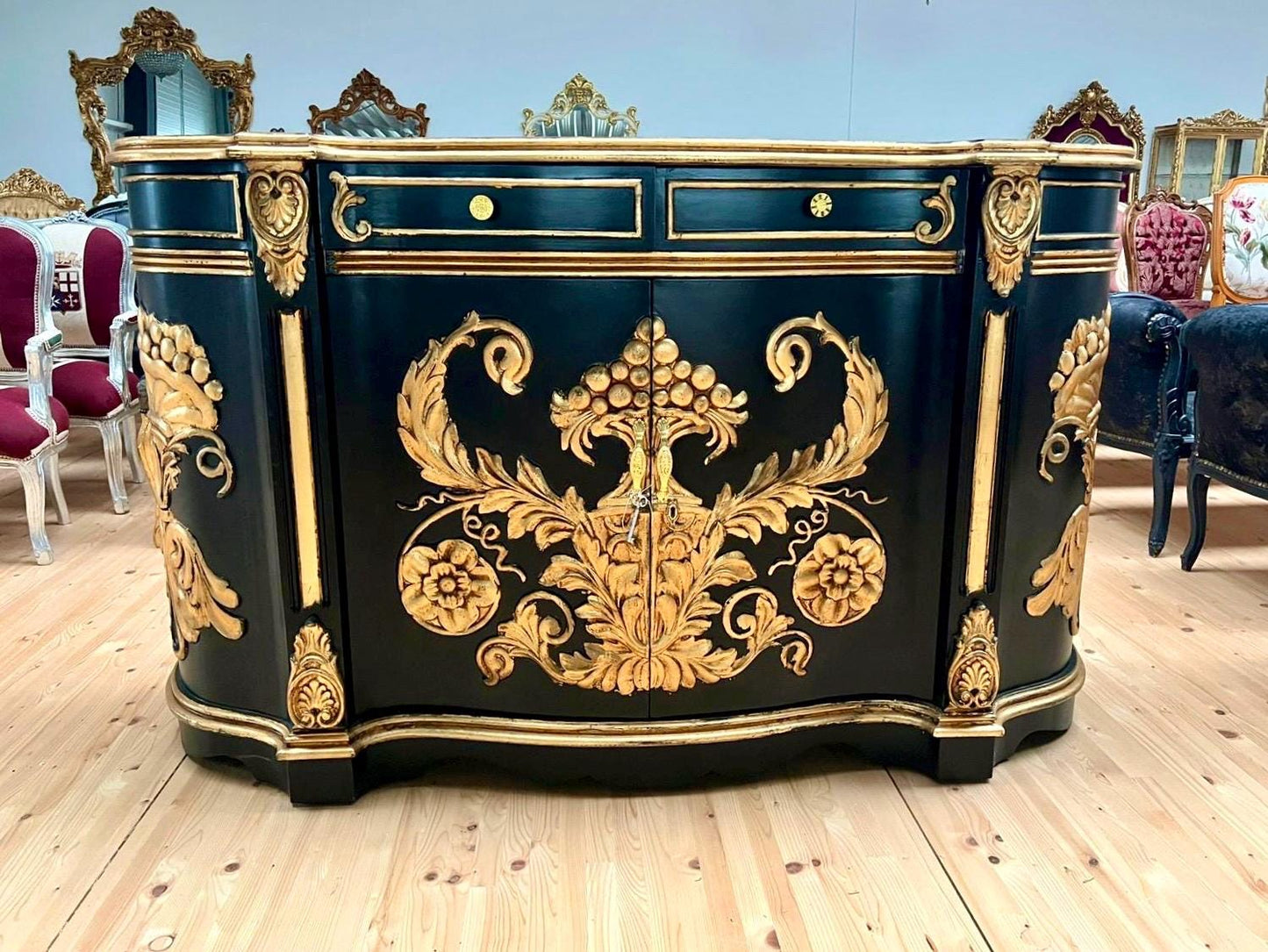 Huge Wooden Cabinet Antique Rococo Style in Black White Royal Luxury Cupboard for Living Room Decor or Commercial Display