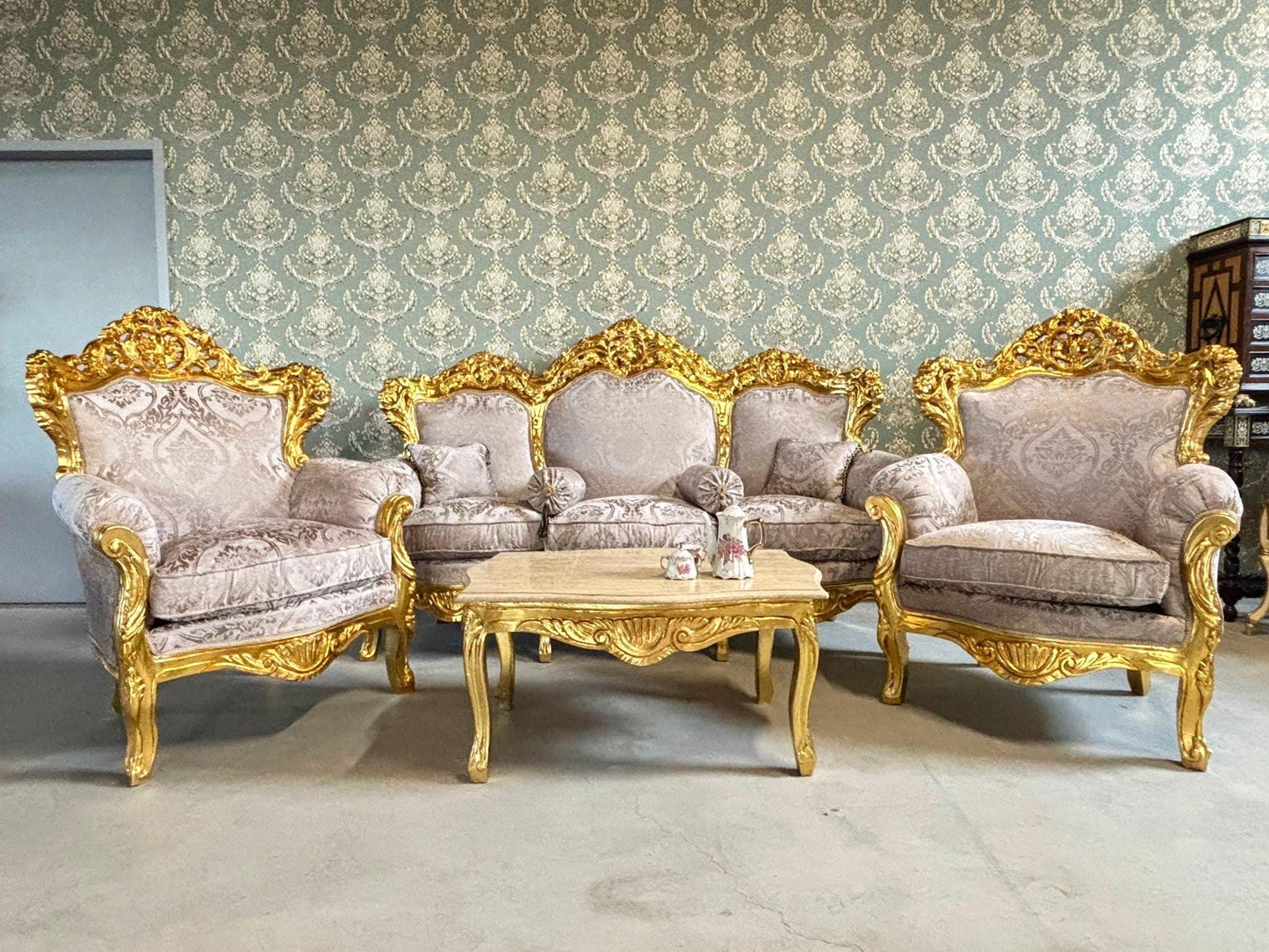 Sofa Set French Louis XV Style Tufted Velvet Dark Beige Color in Gold Finish Marble Top Coffee Table Retro Baroque Style Sofa Set
