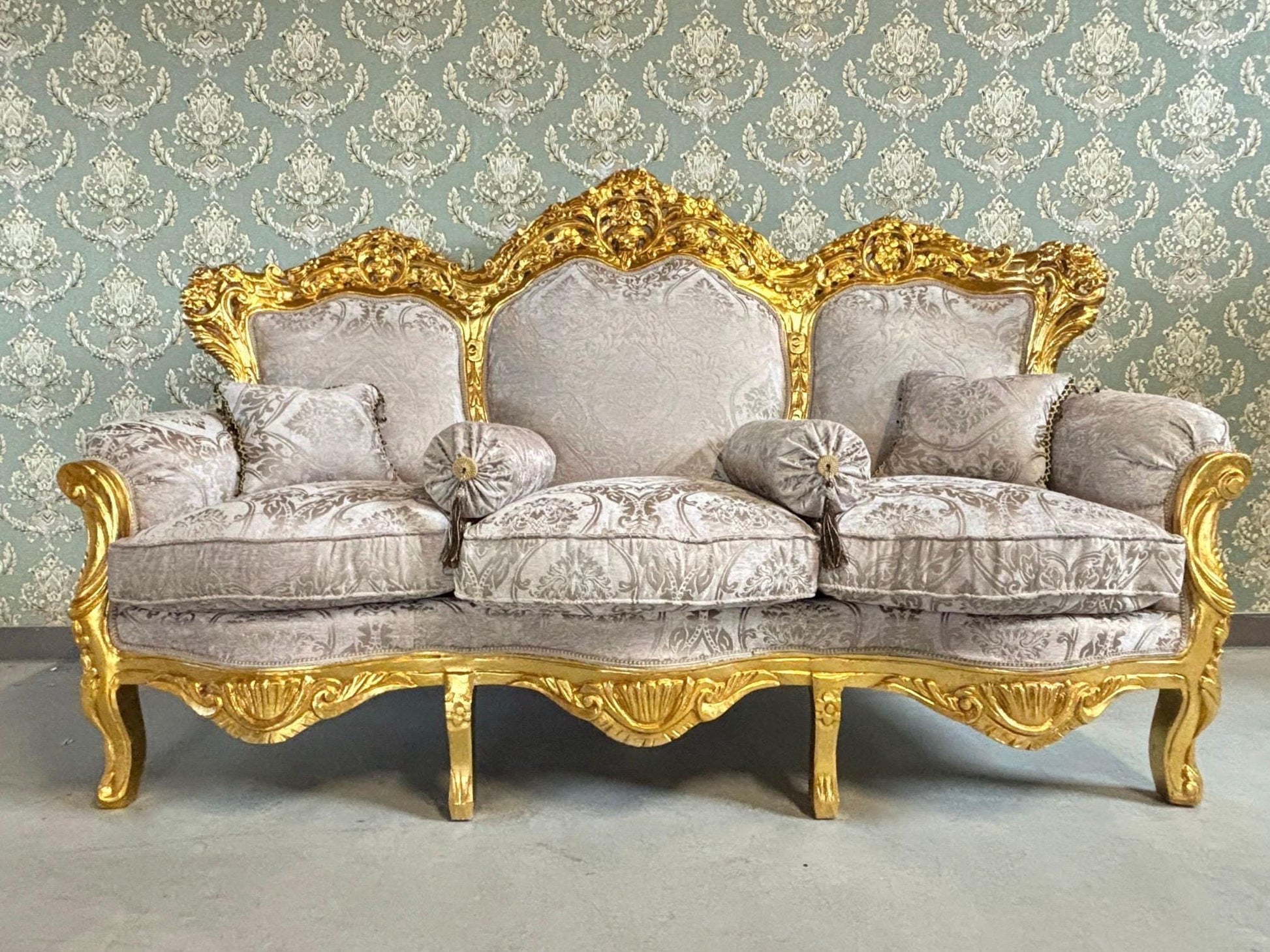 Sofa Set French Louis XV Style Tufted Velvet Dark Beige Color in Gold Finish Marble Top Coffee Table Retro Baroque Style Sofa Set