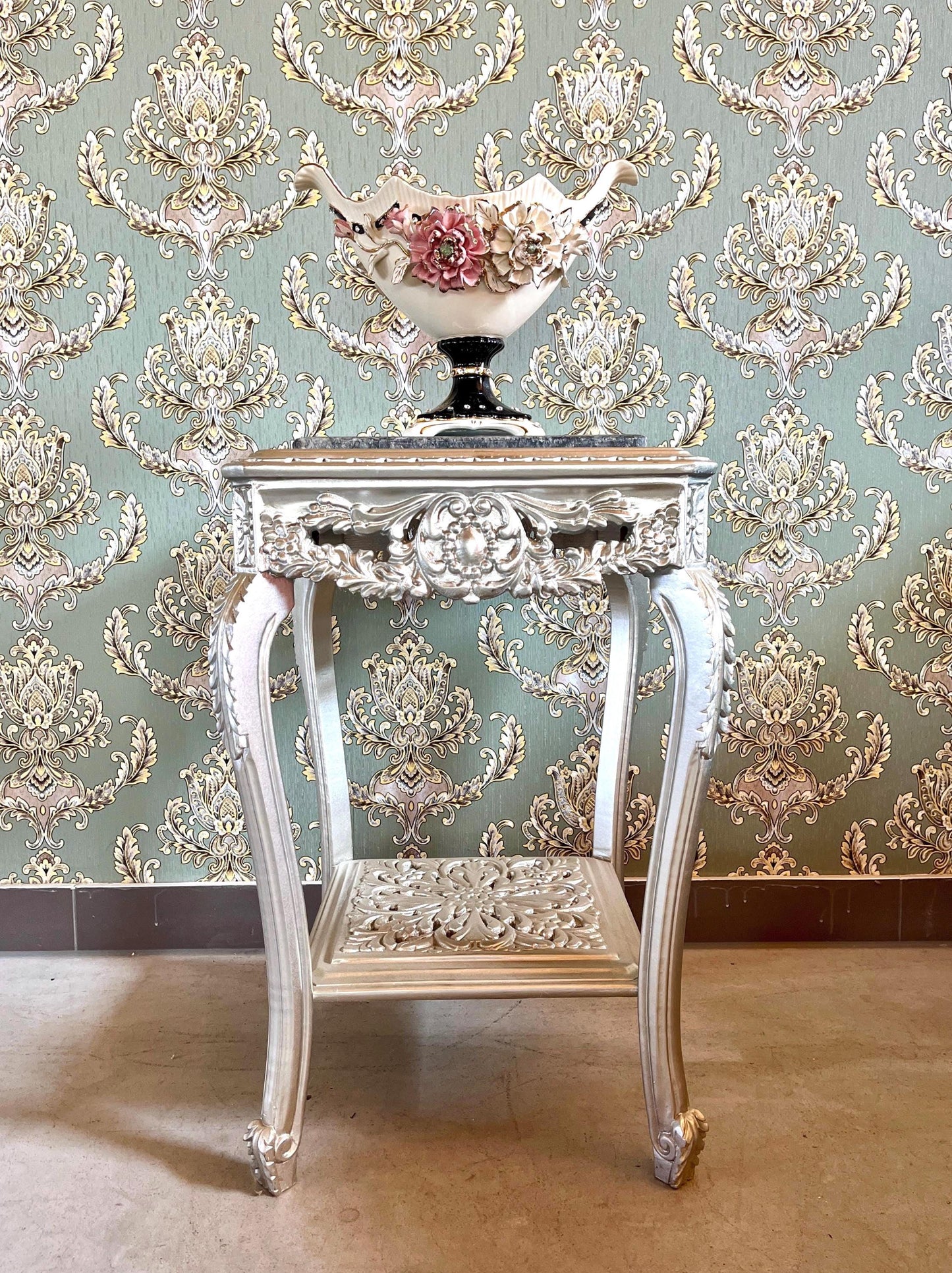 Square Side Table Silver Frame With Black Marble Top Retro Baroque Style Handmade Coffee Table in Silver Finish for Living Room End Table