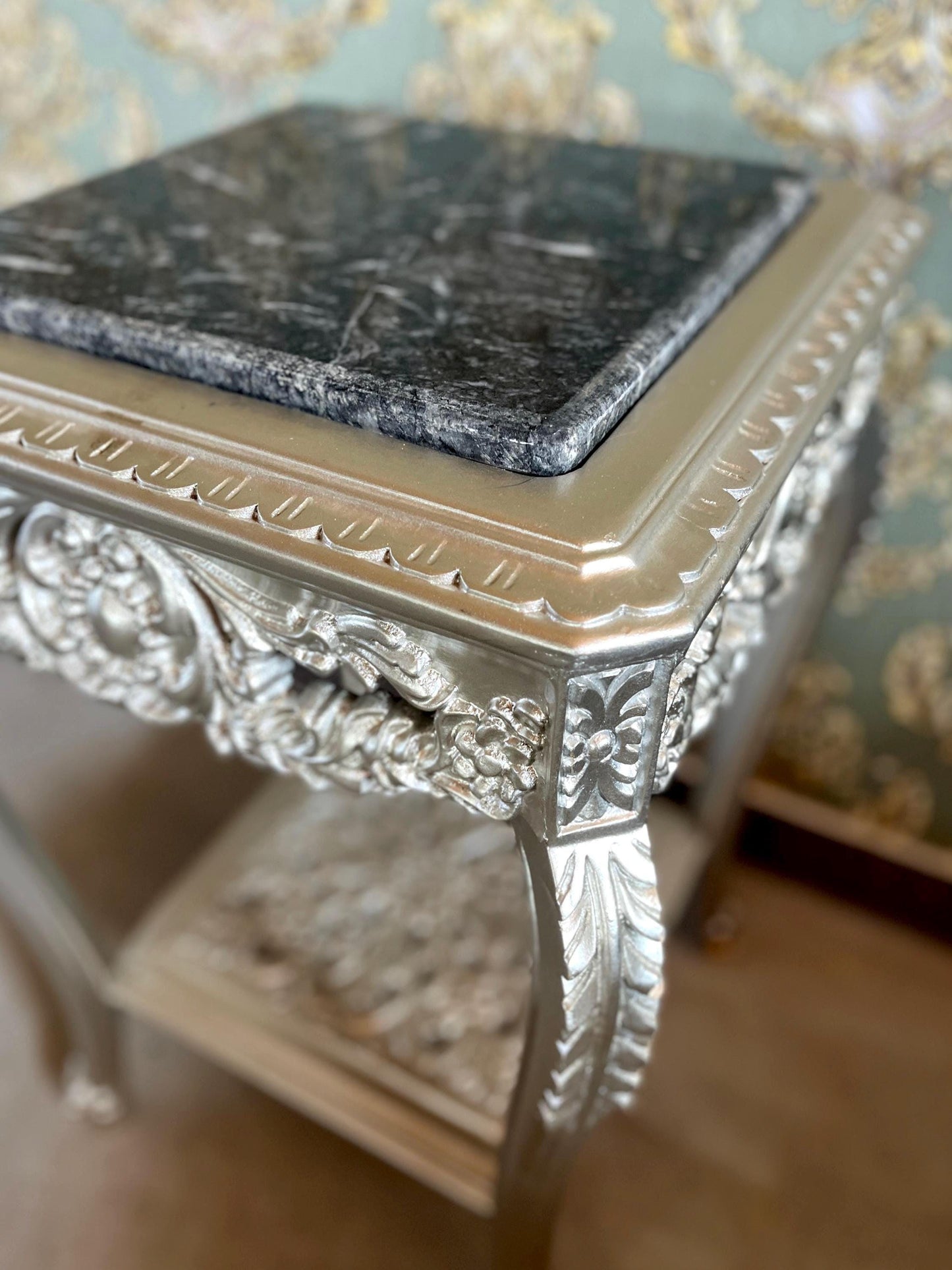 Square Side Table Silver Frame With Black Marble Top Retro Baroque Style Handmade Coffee Table in Silver Finish for Living Room End Table