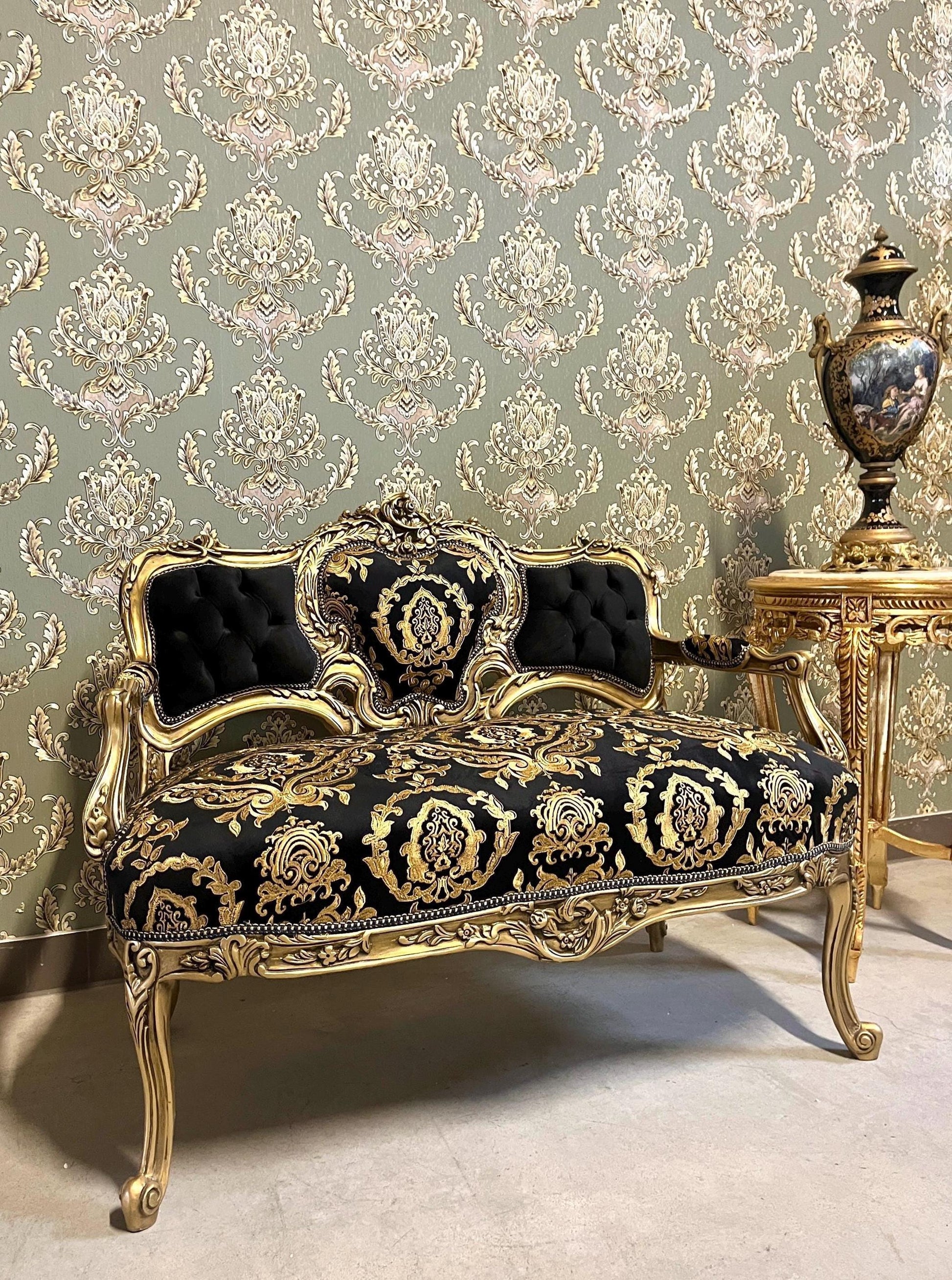 Love Seat Luxury Style 2-Seater Sofa in Black Gold Floral Damask Nostalgic Baroque Rococo Style Handmade Couch for Lounge Room Home Decor