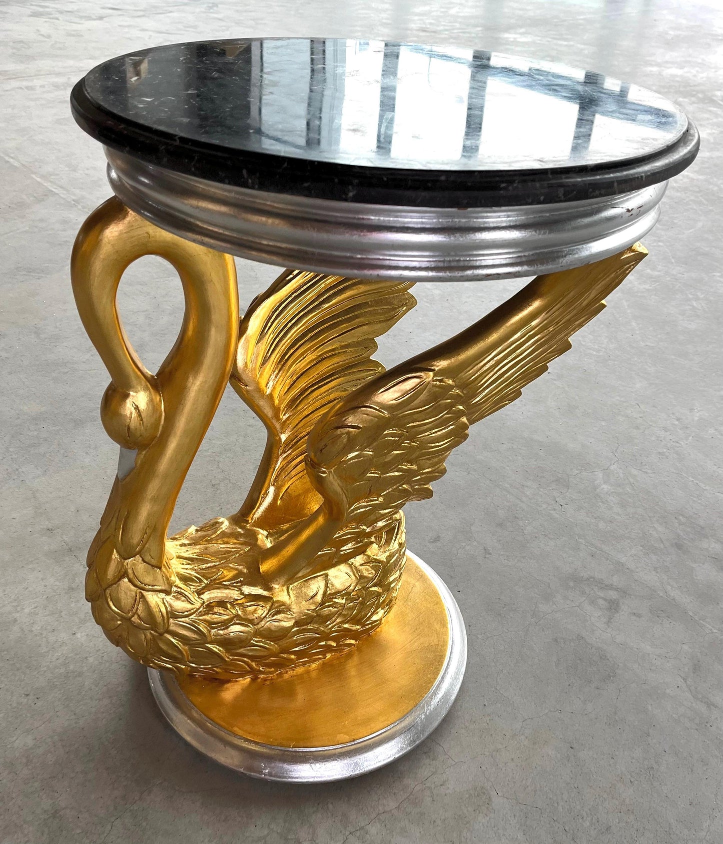 Royal Baroque Side Table Black Marble Top Round Cafe Table Silver Luxurious Side Table Gold Swan Stand & Marble Top for Living Room Decor