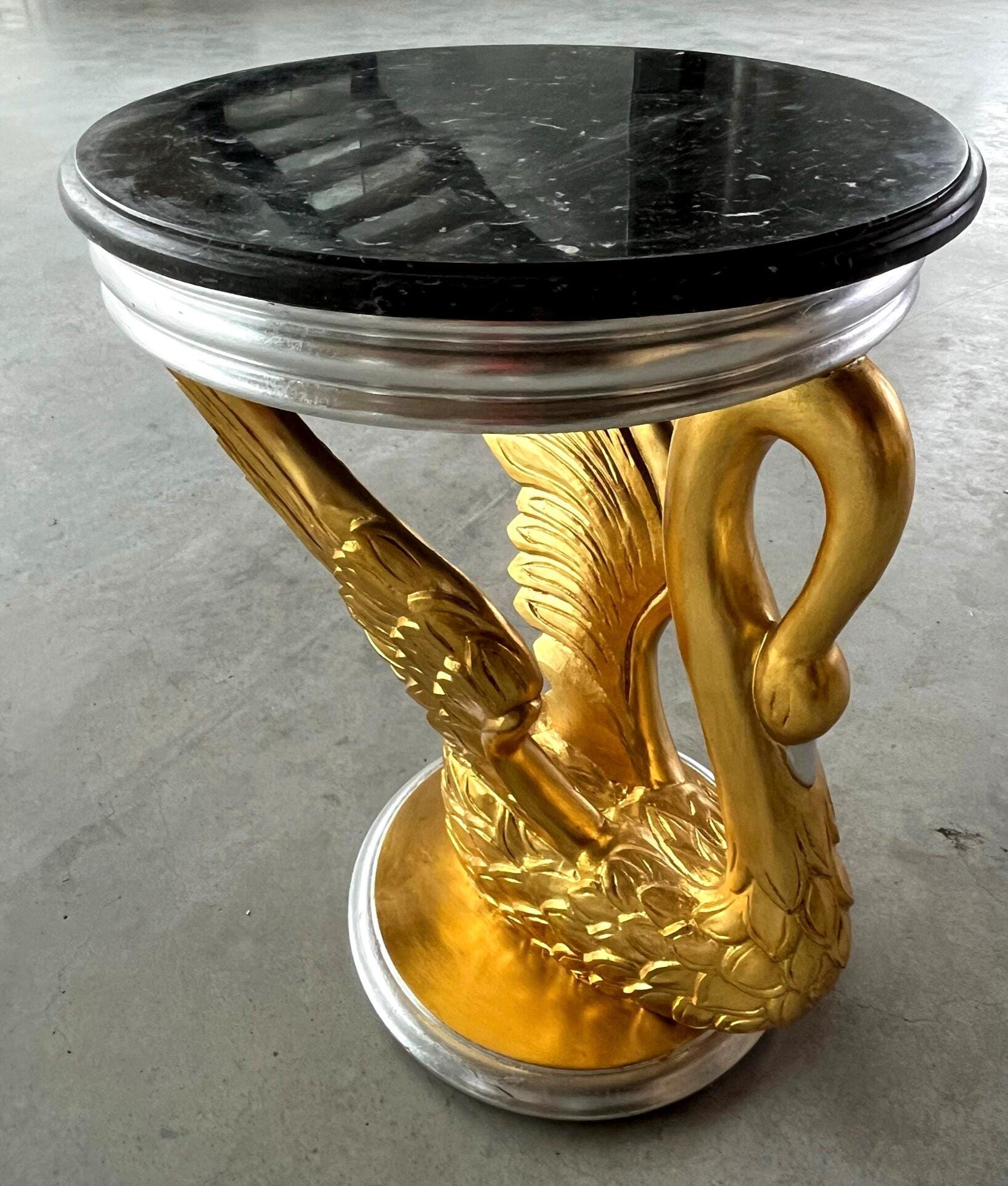 Royal Baroque Side Table Black Marble Top Round Cafe Table Silver Luxurious Side Table Gold Swan Stand & Marble Top for Living Room Decor